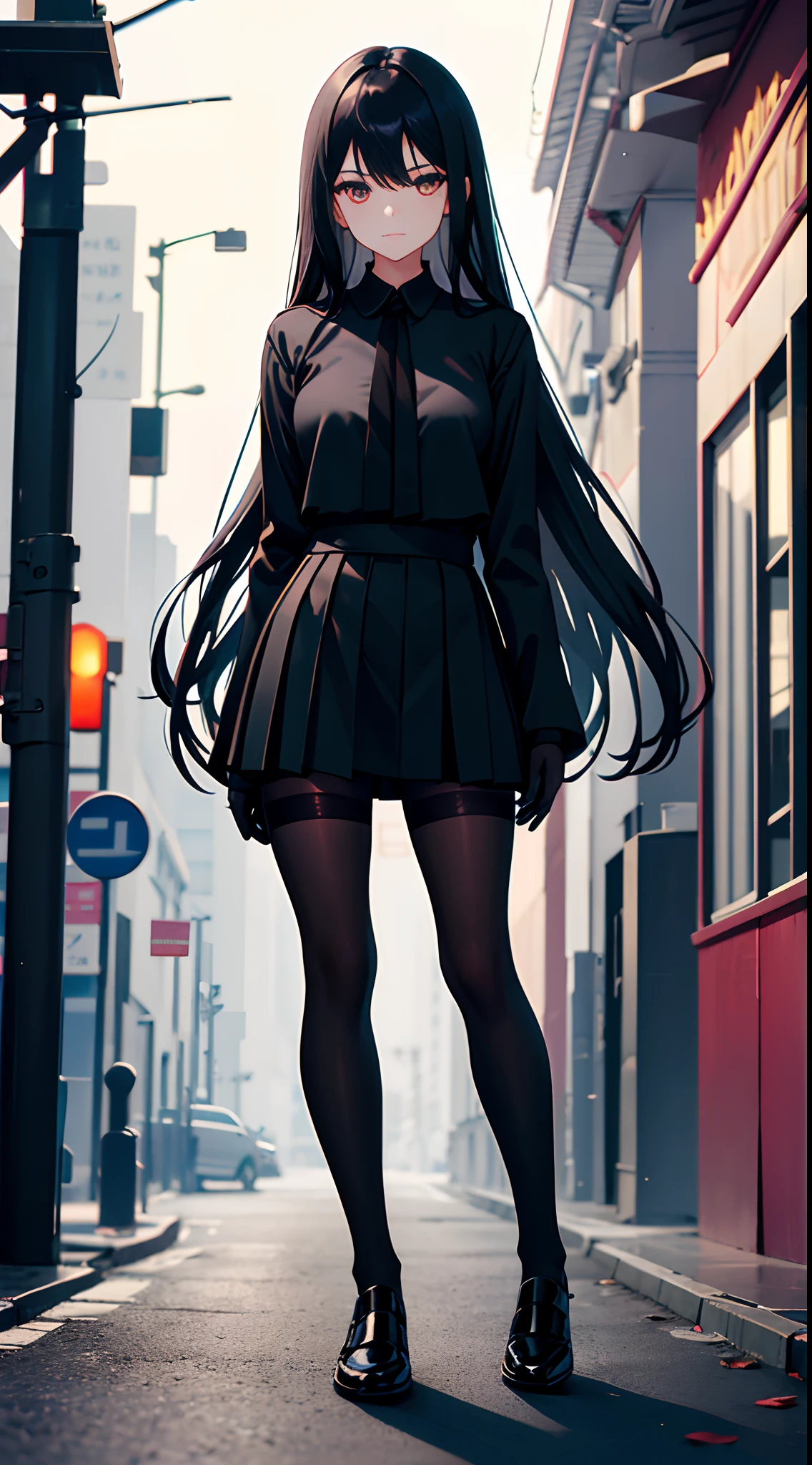 Standing full body portrait，17-year-old girl，E cup，Long straight black hair，Black colored eyes，Green Chinese school uniform，Black silk gloves，Black silk pantyhose，Black silk tights，Black sneakers，Streets at night
