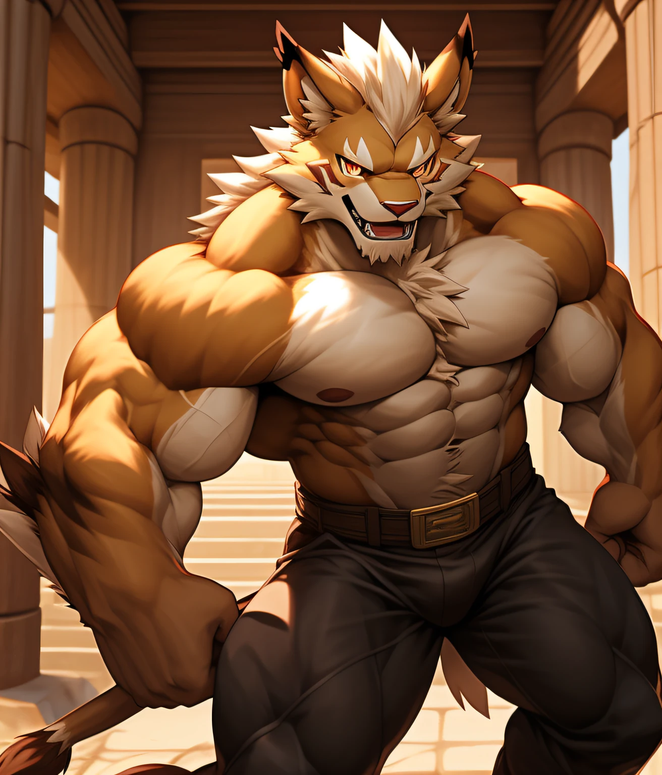 nj5furry, FRONT, (Leomon, massive, huge, young face, teen, bodybuilders body), Leomon, ((extremely realistic shadows, masterpiece, extremely detailed, photorealistic)), kemono, young, , ((16 y(((BROWN FUR))) Leomon, ((detailed face)) red nose, red eyes, ((detailed eyes)), smile, mischievous smile, white teeth, mouth slightly open, red tongue, brown skin, brown fur, brown hair, height 3 meters high, the optimal height, tight clothing, body full of muscles; muscle pecs, ripped abs, V-shaped body, thick waist, long legs, strong arms manly, handsome face, attractive cool calm face type with a cold smile, topless. Ruins of a Jedi temple behind him; wears a ery tight dark brown Jedi style pants revealing huge muscular thighs and a light brown cloth belt. double biceps pose, biceps, looking at viewer.