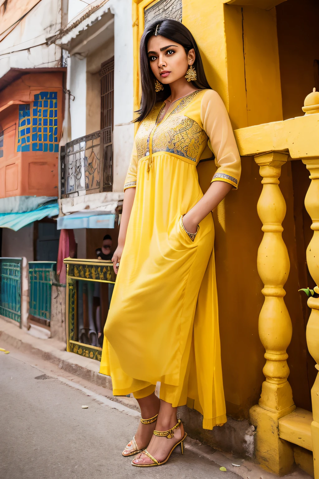 (masterpiece, best quality) , indian woman in yellow punjabi suit ,  lady using yellow dress, big gorgeous eyes, beautiful lips, perfect hourglass body, black long hair,  wearing a kurta, standing againest a railing on footpath, (outdoor), city streets, Jaipur