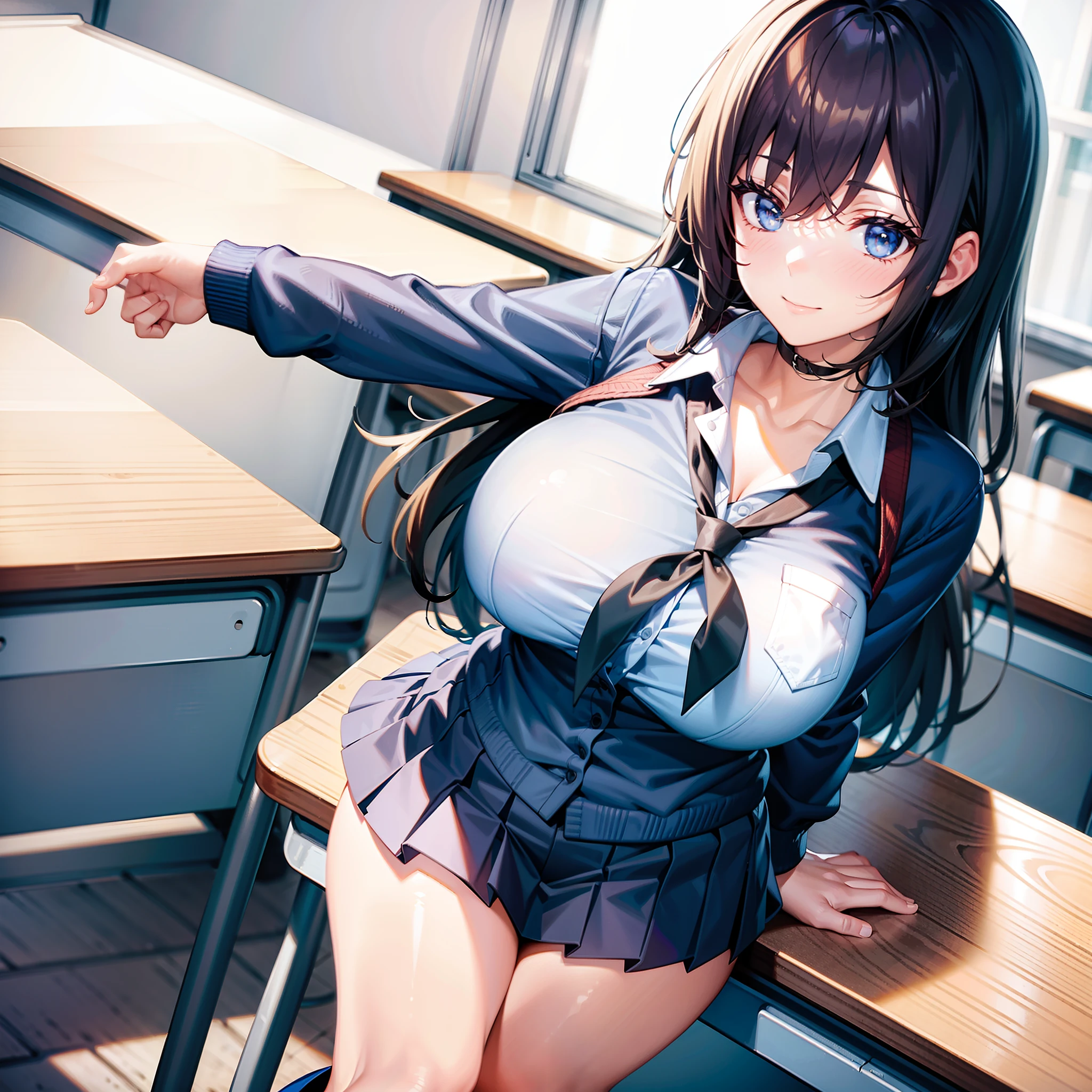 (((masterpiece, highest quality, High resolution, 超High resolution, Perfect Pixel, Depth of written boundary, 4K, RTTX 10.0, High resolution))), Beautiful Anime Woman, Beautiful art style, Anime characters, ((Long Hair, bangs, Dark brown hair, ponytail)), ((Smooth texture, Realistic texture, Anime CG Style)), Perfect body, (Slender body:1.2), Exact finger count、Exact number of legs、(Exact number of arms:1.0, Exact number of hands:1.0), Best Shadow, The best natural light, Cinematic, Realistic, highest quality, High resolution, Perfect lighting, Extremely detailed CG, (Perfect hands, Perfect Anatomy), Daytime lighting, whole body, (A woman puts her right hand into her panties:1.7), fingering, (pussy juice:1.2), (Fashionable white shirt, Sailor collar, Knee-high socks, loafers, Pleated mini skirt:1.3), ((Stylish shiny satin underwear, White micro bra, Side-tie white panties, black lace trim :1.3))、 Beautiful big breasts, The skirt is flipped up, (shirt lift:1), ( show off bra:1), highest quality, High resolution, (Detailed and beautiful eyes:1.3), Highly detailed face, Perfect lighting, Extremely detailed CG, (Perfect hands, Perfect Anatomy),Embarrassed expression、The expression of someone who is holding in the toilet, (sexual pleasure expression:1.4), (Anguished expression:1.2)、close your eyes、Sexy expression、Look up、Mouth half open、Climax、(In the classroom、During class、In front of a large number of students:1.5)、whole body、(Hold it in your mouth and flip up your shirt:1.6)