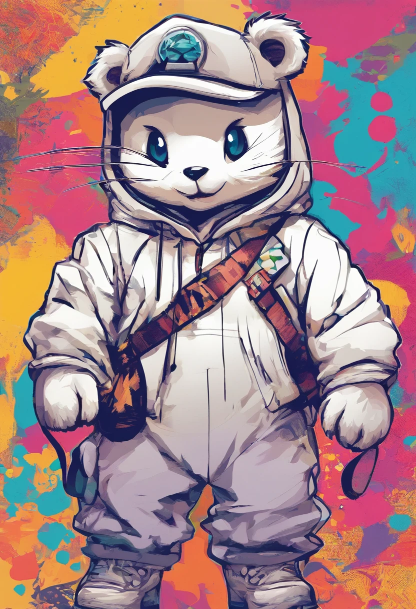 A cute bear depicted all over his body，largeeyes，Cute pose，Painting of cute bear in hat，Popular at the art station，Wear sportswear，Detailed, Ultra-realistic rendering，Street style，Cute pose，planet of cats，Stylish clothes，urbansamurai，Mewtwo，8 1 5，Animate