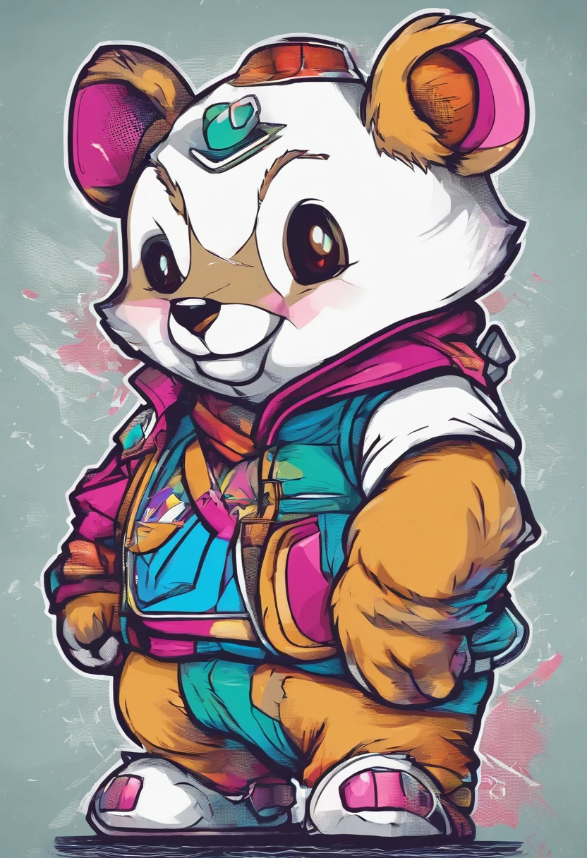 A cute bear depicted all over his body,largeeyes,Cute pose,Painting of cute bear in hat,Popular at the art station,Wear sportswear,Detailed, Ultra-realistic rendering,Street style,Cute pose,planet of cats,Stylish clothes,urbansamurai,Mewtwo,8 1 5,Animate