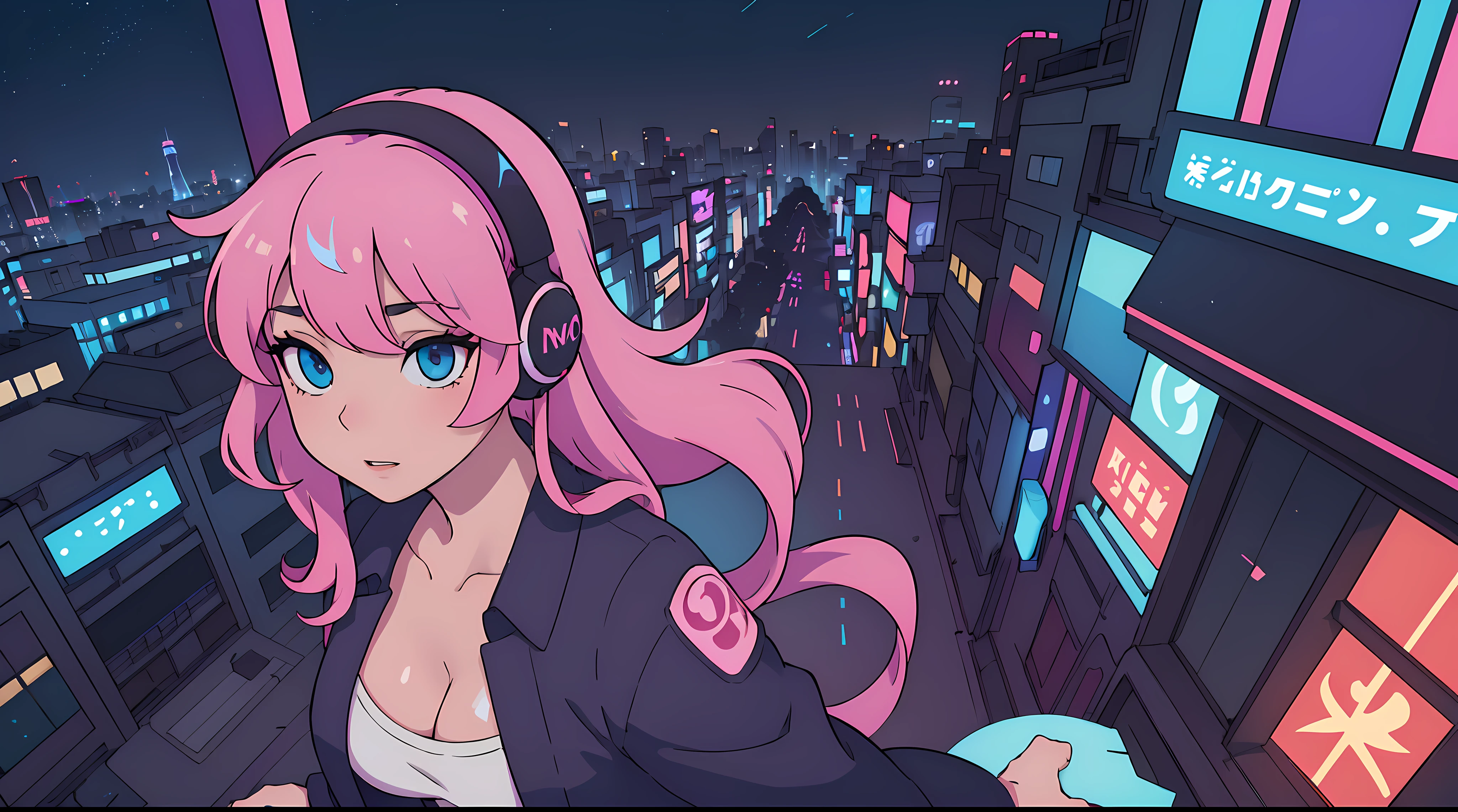 Background with neon signs and cyberpunk cityscape、EDM,DJ playing music。Pink haired beautiful girl。Face photography