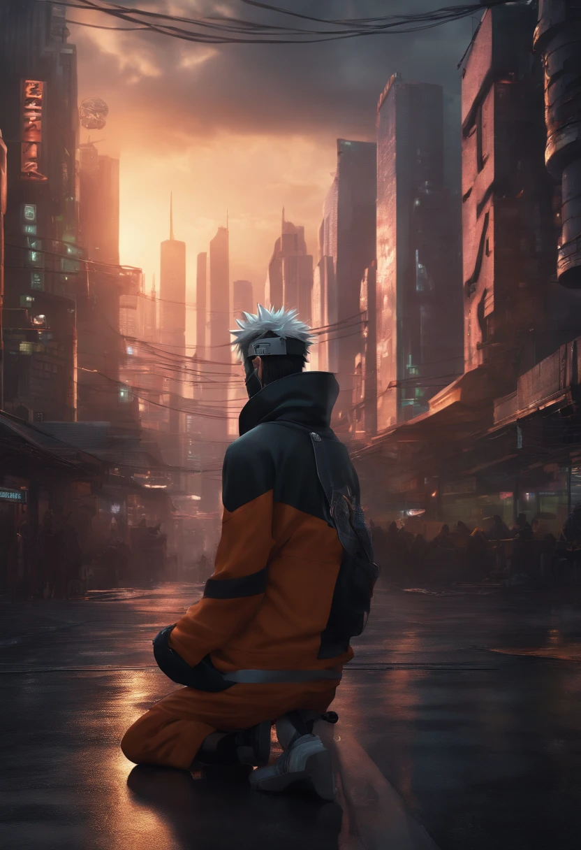 Cyberpunk City with teenage boy Character (Naruto), masutepiece, (Best Quality:1.4), realisitic, Highly Detailed CG Unified 8k Wallpaper, ighly Details, High Definition RAW Color Photography,