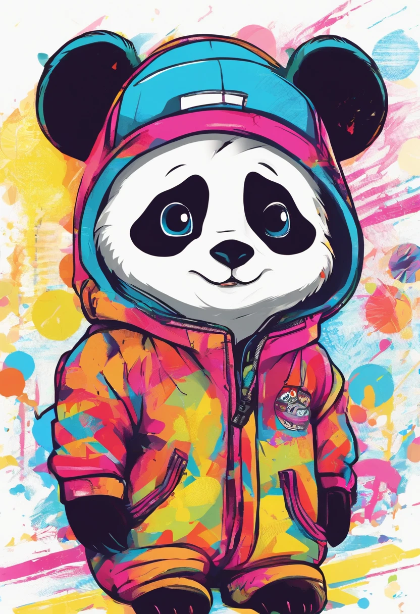 Cute panda depicted all over,largeeyes,Cute pose,Painting of cute bear in hat,Popular at the art station,Wear sportswear,Detailed, Ultra-realistic rendering,Street style,Cute pose,planet of cats,Stylish clothes,urbansamurai,Mewtwo,8 1 5,Animate