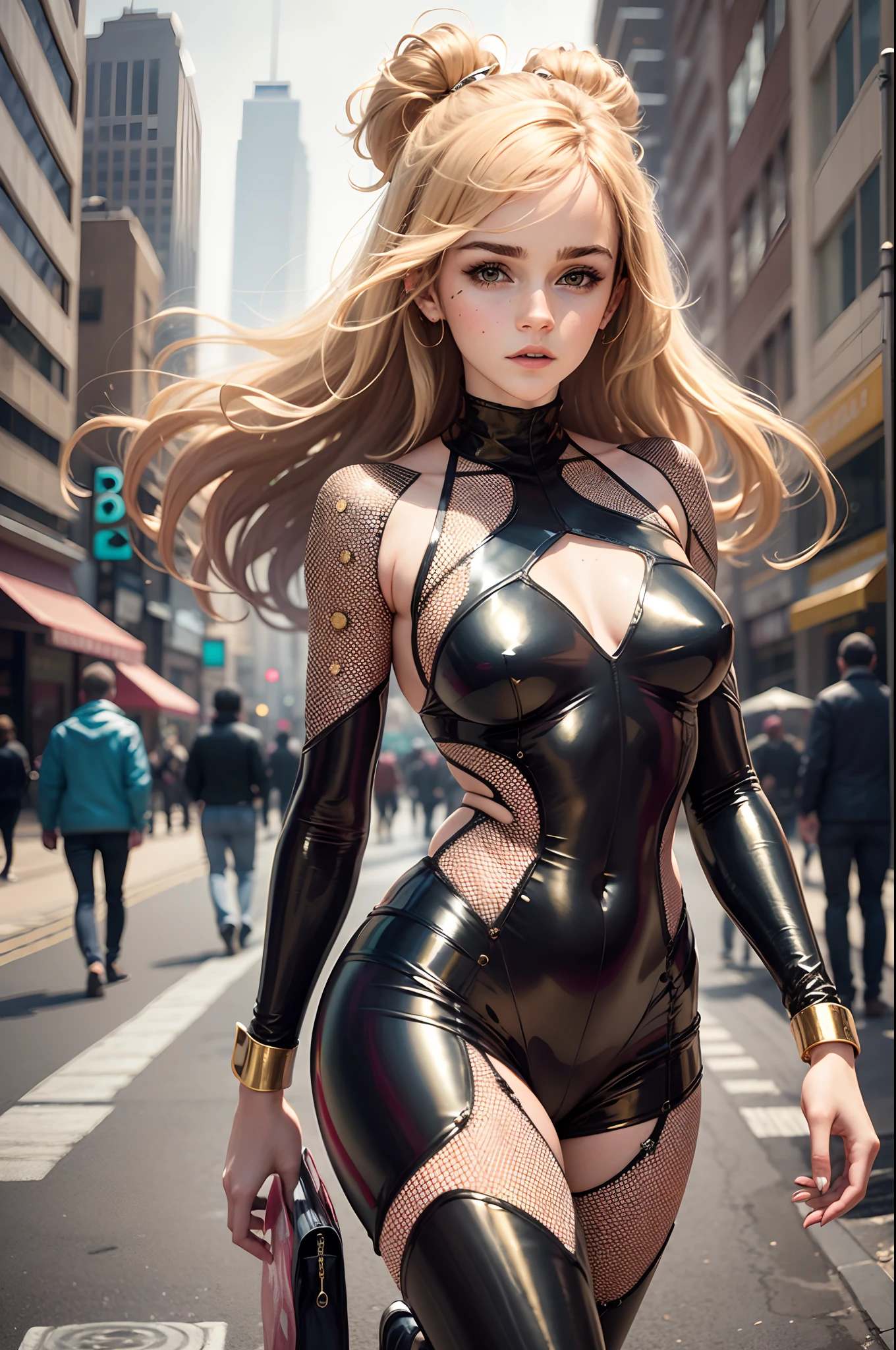 Teen Emma Watson as a sexy girl walking down the street. Tight and intricate futuristic gold latex garment.  Slender body. long whitr hair. street. day. Background skyline. Legs open.