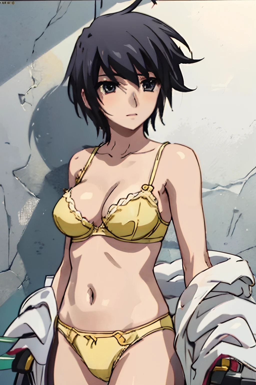 1girl, Upper body, looking at from the front, Nanami, yellow bra, yellow panties,