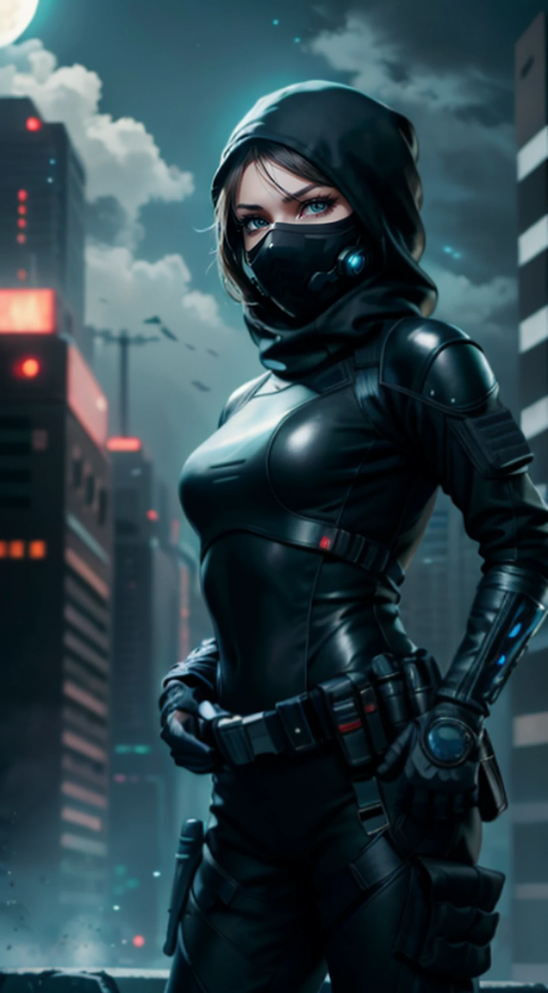 HDR,best quality, sci-fi,RTX,1girl,(shadow:1.2, brightness:0.6, contrast:1.2,saturation:1.2),holographic,solo,as A robber,long pants, cyberpunk,crime,full combat gear(safety gear suit:1.4),black gloves, masterpiece, best quality, realistic, hyper-detailedlooking at viewer,wear balaclava,(black balaclava:1.2), face covered except eyes, dynamic lighting,moon lighting ,high resolution, detailed eyes, sharp pupils, realistic pupils, (large breasts:0.8), outdoor, moon,