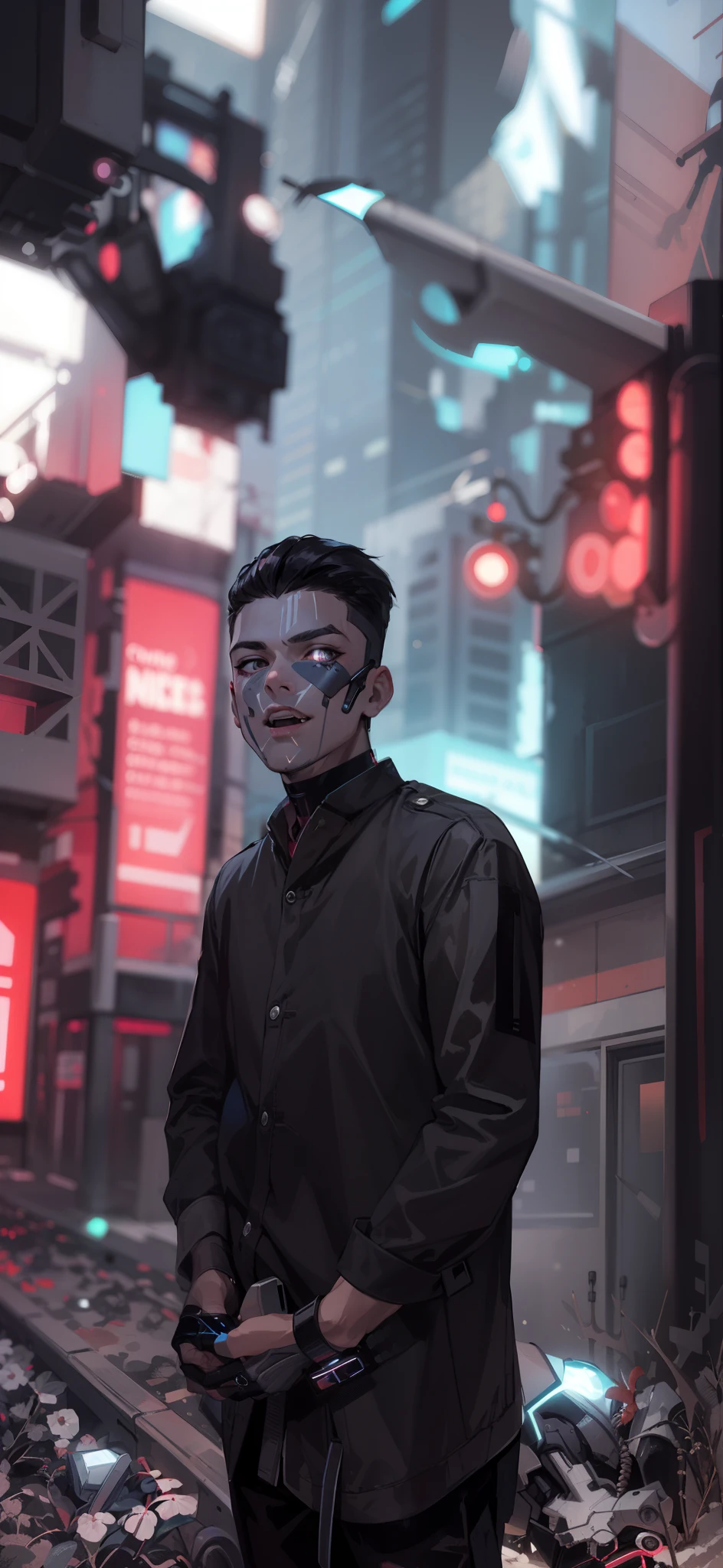 cyber punk, city, 1boy, black hair, black eyes, cyborg
