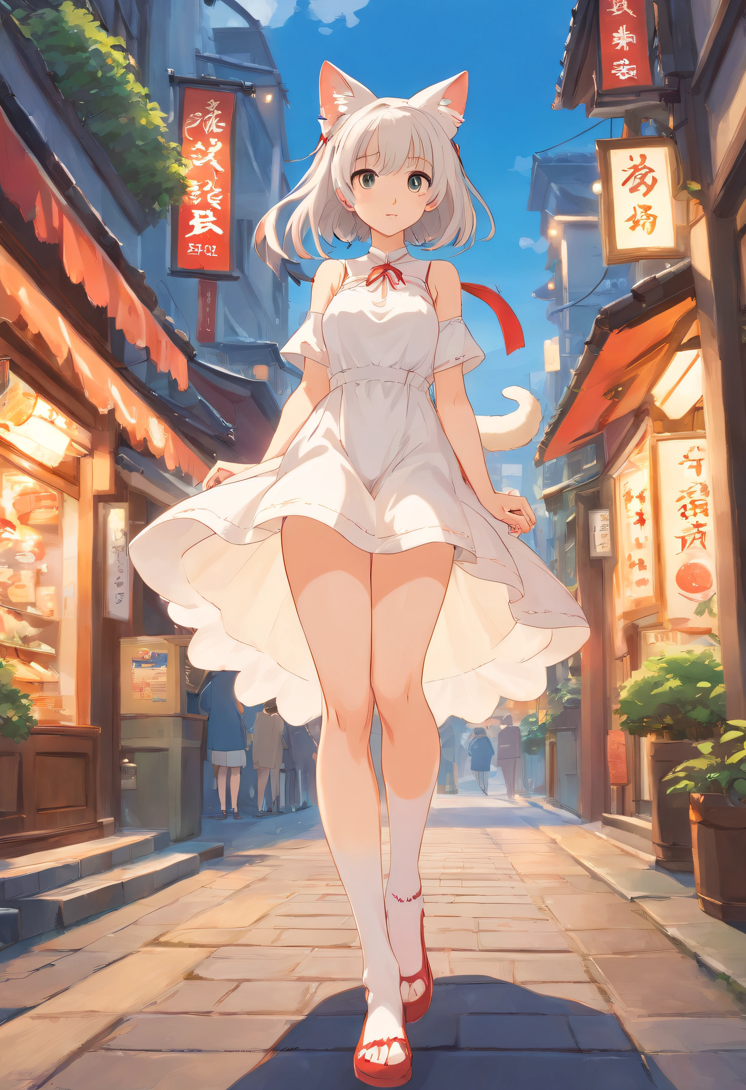 No shoes,Stand barefoot,Masterpiece,Extremely tall maiden,A giantess,Huge maiden,In the city,Full limbs,The face is delicate,White double ponytail,White eyes,White ta,Long-range shots,white stockings,There are cat ears on the head, white dresses, cute big breasts,Chopstick legs,Slender calves,Slender calves,High volume