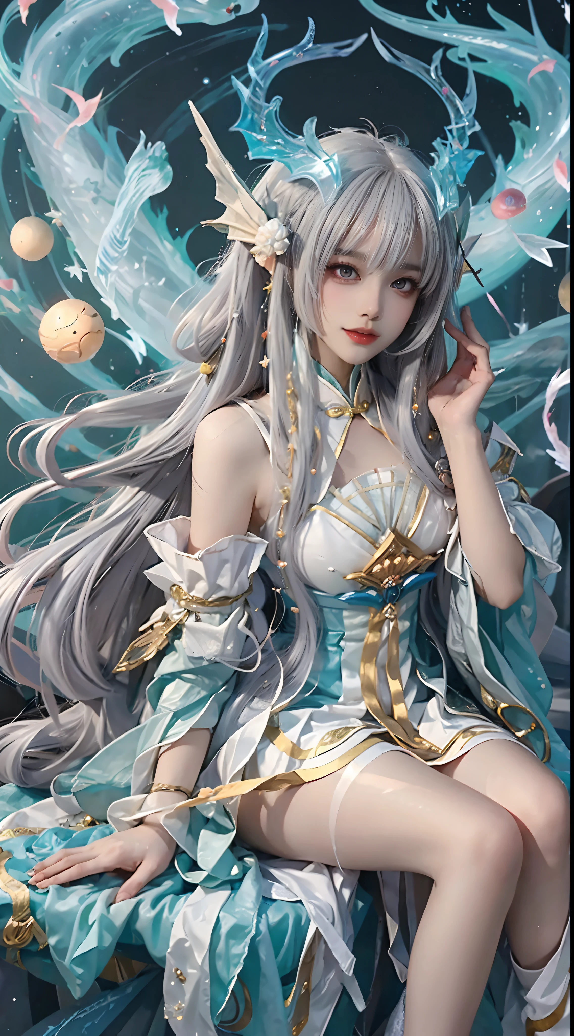 Beautiful celestial mage,Amazing young ethereal characters,shaxi,A flowing magic robe,White Hanfu,xianxia fantasy,Beauty Delfin,Ethereal fantasy,Elegant and charming cosplay,one-girl,((sitted)),Bend your legs,((Top-down view)),Feminine and colorful,It's tumultuous,Hands relax naturally,nighttime scene,Lots of neon