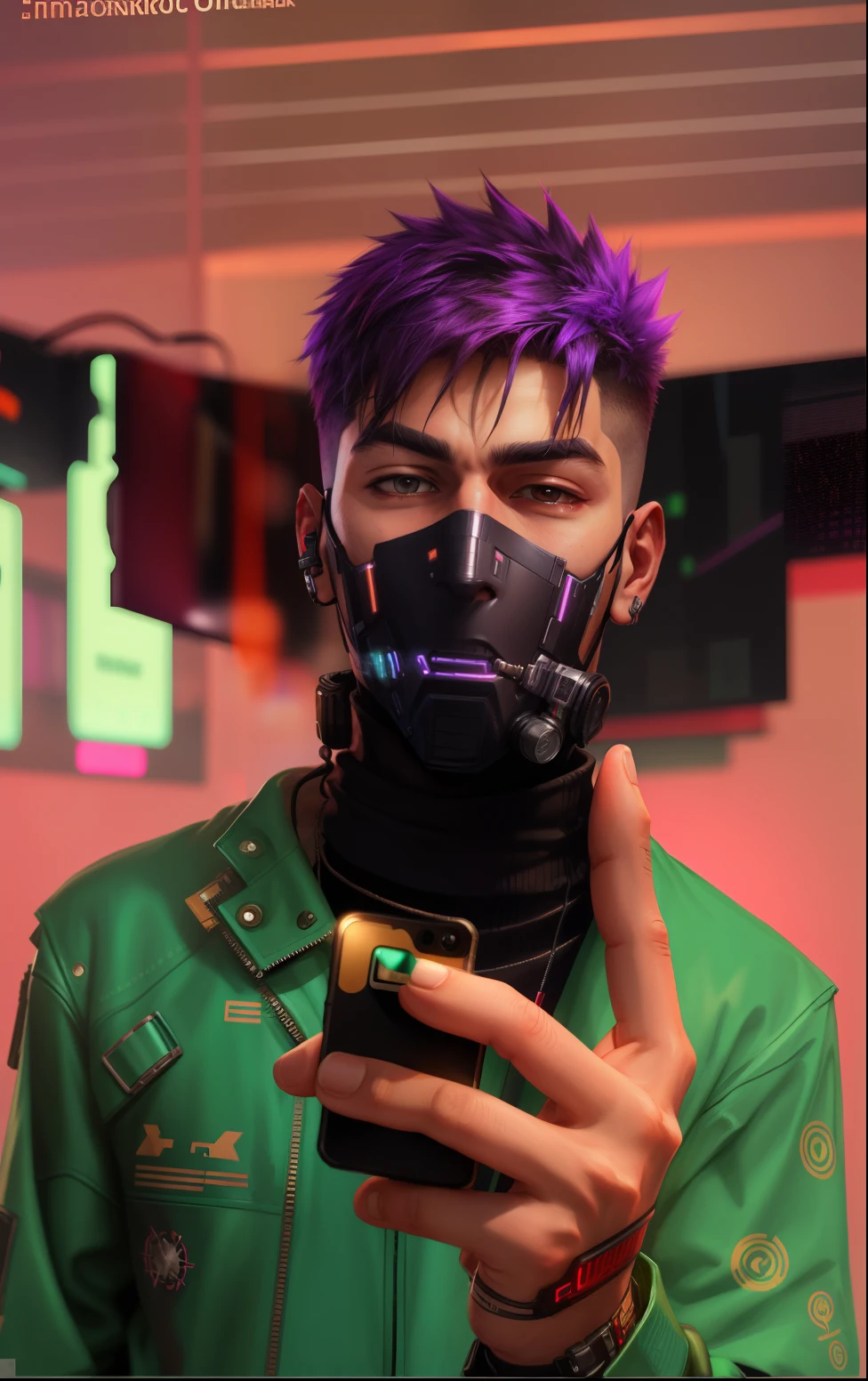Cyberpunk handsome boy with mask, selfie, accurate face, change background to cyberpunk, stylish cloths, frontal image.