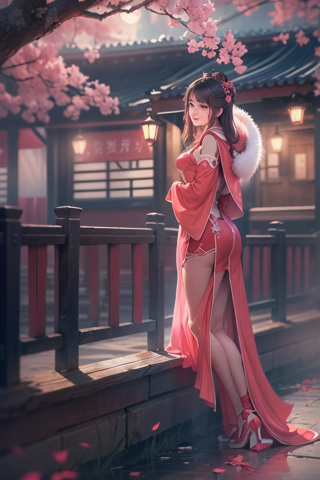 (best quality, high definition, masterpiece:1.2,), Illustration, night, 1girl, full body, (hanfu), pink dress, (one thigh dress), red fur cape, arm behind back, waiting for kiss, looking at viewer, happy, blush,