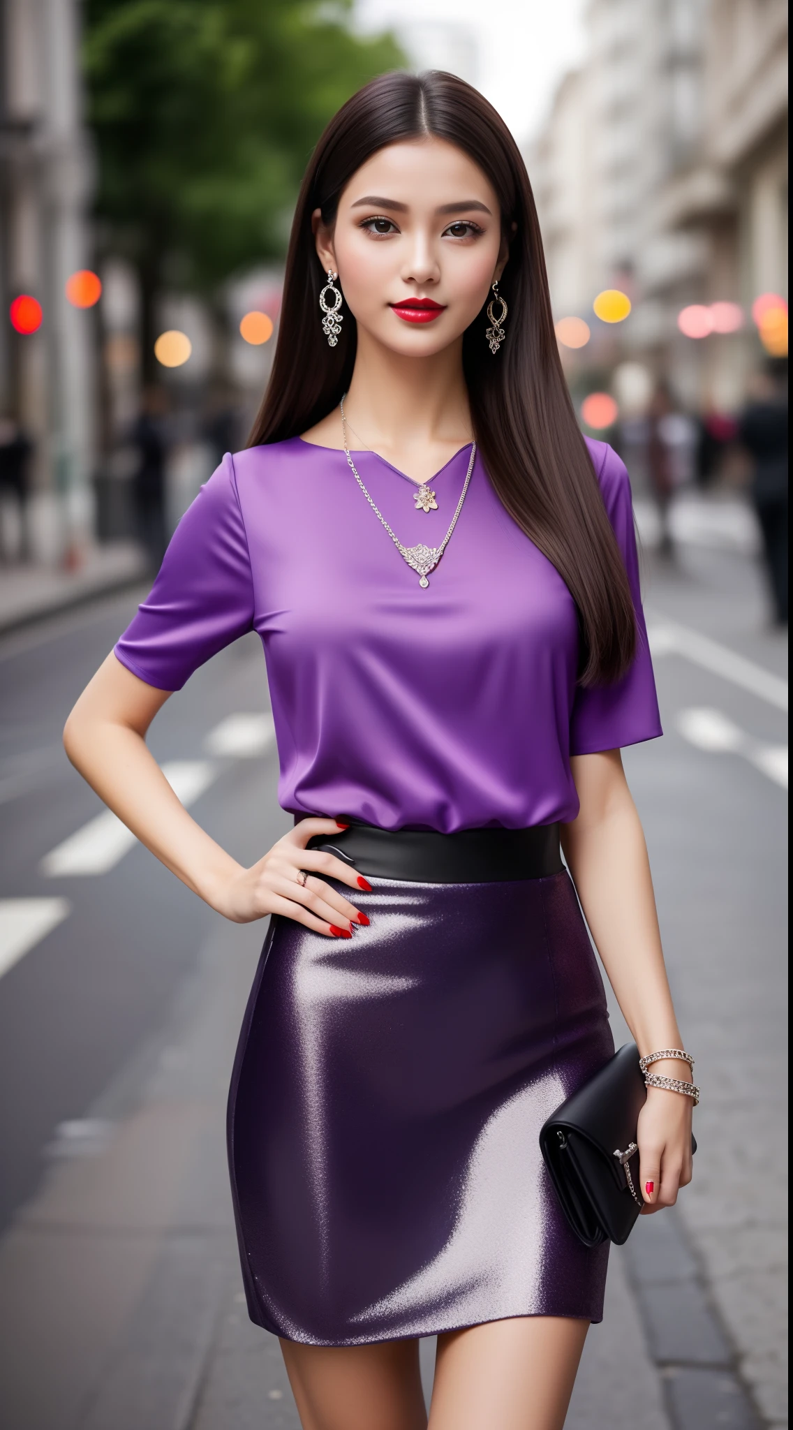 ((a beautiful short height girl full-body view in 9:16 ratio)), wearing a EMBELLISHED skirt dress, purple t-shirt with puffed sleeves, depth of field, night photography, professional photography, high contrast, long brunette hair, silver love pendant necklace, ((red lips)), she looks very elegant and charmingly beautiful with a little sexiness, lovely, ((ultra realistic)), natural facial expression, soft and natural make up, purple elegant earrings, ((red long nails)), in a street , looks to the camera, high heels,.