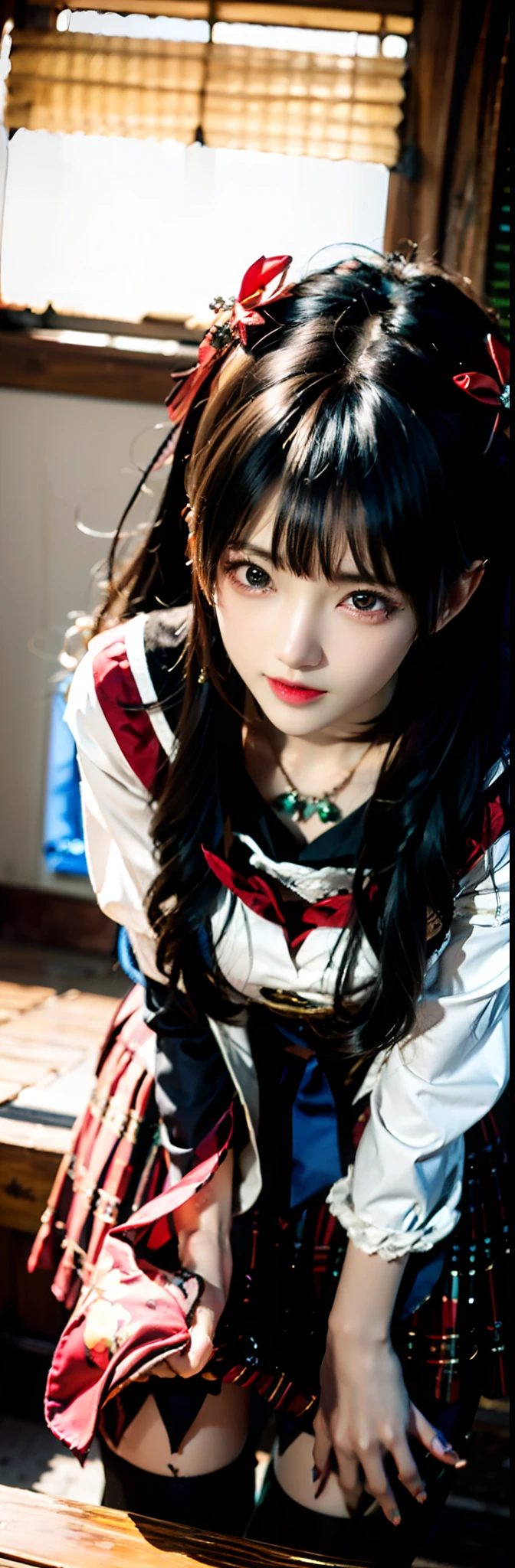 (Best quality, Ultra-detailed, Photorealistic:1.37), 3D anime style girl with green wavy curls, A girl with beautiful and delicate facial features and long eyelashes, Intense red eyes that reflect light, lusciouslips, Multi-colored crystal necklace, Black school uniform with short skirt, Clear black border thigh stockings, Perfect figure, full body shot of, Shot in ultra-wide angle anime style photography.