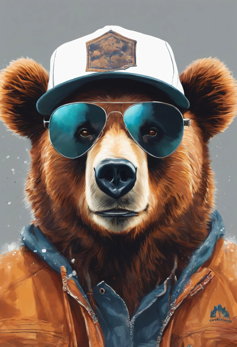 Perfect centering, Cute bear, Wear a student team jacket, Wearing sunglasses, Wearing hats, cheerfulness, Standing position, Abstract beauty, Centered, Looking at the camera, Facing the camera, nearing perfection, Dynamic, Highly detailed, smooth, Sharp focus, 8K, high definition resolution, illustration, Art by Carne Griffiths and Wadim Kashin, White background