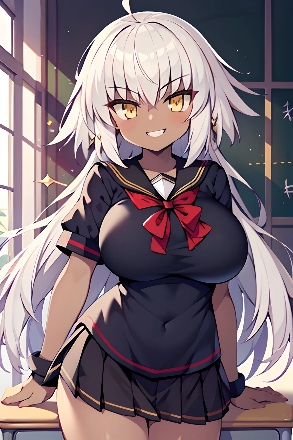 (Magical cock:1.2), (mana fire:0), girl, Joan of Arc Alter(Fate/Grand Order), (school uniform:1.5), huge breasts, grin, evil smile, contrapposto, (dark skin:1.2),
