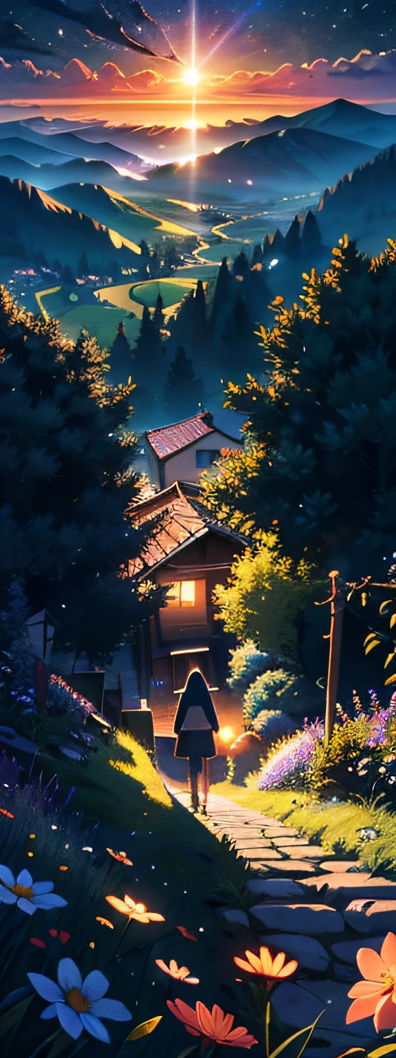 Expansive landscape photograph，（look from down，Above is the sky，Below are open fields），A girl standing on a flower field looking up，（moon full：1.2），（meteors：0.9），（Starcloud：1.3），Far Mountain, Tree BREAK making art，（Warm light source：1.2），（glowworm：1.2），lamp lights，Lots of purple and orange，Complicated details，Volumetric lighting BREAK（tmasterpiece：1.2），（best qualtiy），4k，ultra - detailed，（dynamic compositions：1.4），detail-rich，plethora of colors，（Irridescent color：1.2），（with light glowing，Atmospheric lighting），dream magical，magical，（独奏：1.2）Warm sunrise，The first rays of morning light，soft sun light，Orange-red sky，sun rising，Morning color，Pink and orange，Clouds，Gentle morning light，Nature awakens，the trees，blossoms，grassy fields，Birds sing，peacful，Sunlight touches，Warm and gentle feeling，The joy of melting and comfort，A gift of warmth，strength，wanting，a new day