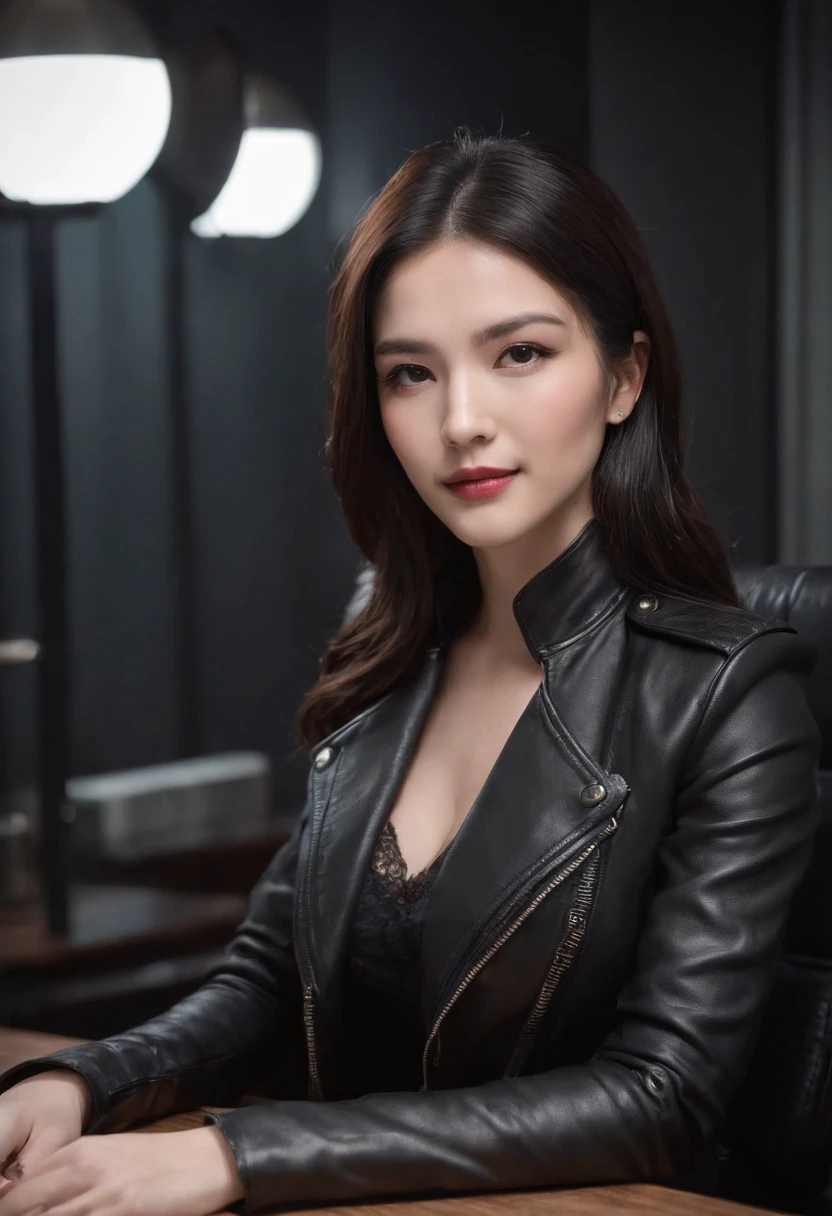 Wearing black leather gloves in both hands Upper body Black leather riders jacket Black leather skinny pants Black leather long boots Necklace on the chest With an innocent smile at the desk in the modern study in the dark, long straight black hair Young Japanese woman (black leather gloves cover both hands) Sitting on a leather chair with black leather gloves fingers, working on the computer, staring at the screen