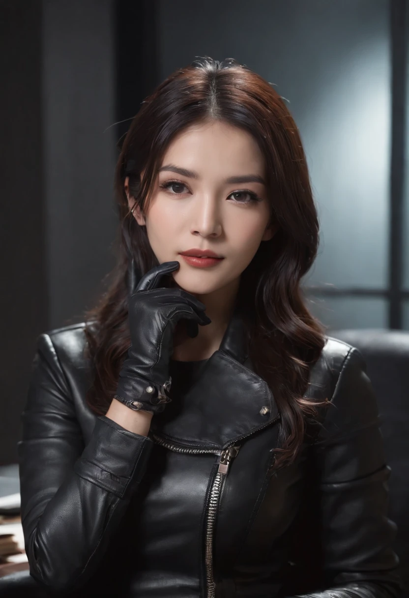 Wearing black leather gloves in both hands Upper body Black leather riders jacket Black leather skinny pants Black leather long boots Necklace on the chest With an innocent smile at the desk in the modern study in the dark, long straight black hair Young Japanese woman (black leather gloves cover both hands) Sitting on a leather chair with black leather gloves fingers, working on the computer, staring at the screen