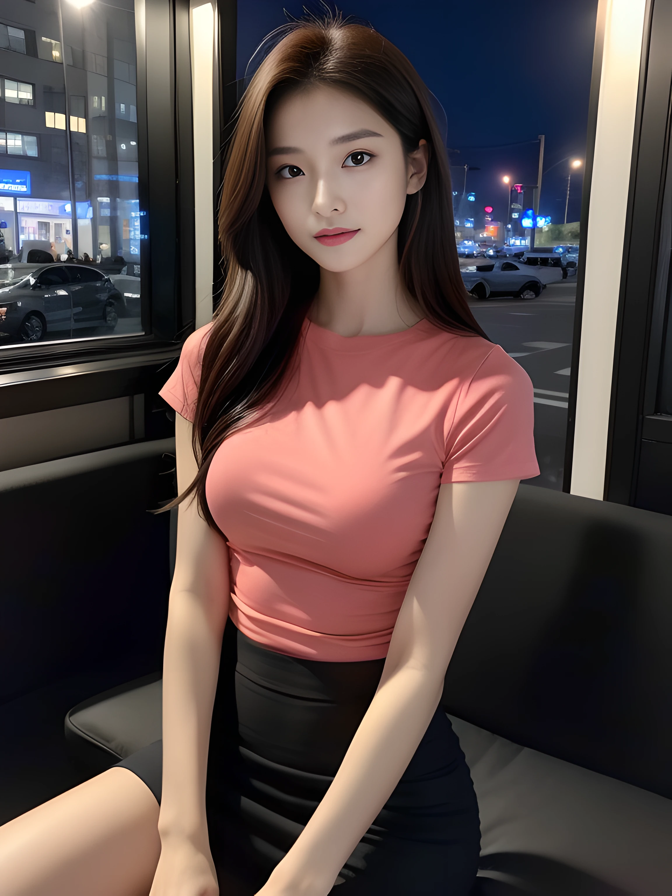 ((midynight, Acura, 8K, tmasterpiece: 1.3)), full bodyesbian, long leges, Focalors: 1.2, perfect figure beautiful woman: 1.4, Slim abs: 1.1, (dark brown hair,: 1.2 )), (Pink skinny T-shirt,short skirt,sitting on a stool: 1.2), (city night scene, the roof: 1.3)), Highly Detailed Face and Skin Textur, detailedeyes, 二重まぶた,