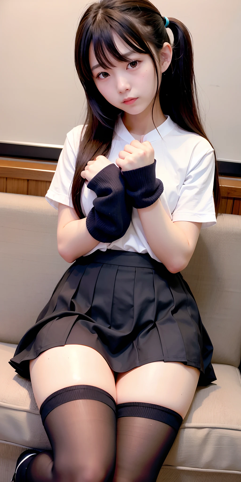 female high-school student、校服、skirt by the、knee sox、thighs thighs thighs thighs、A dark-haired、poneyTail