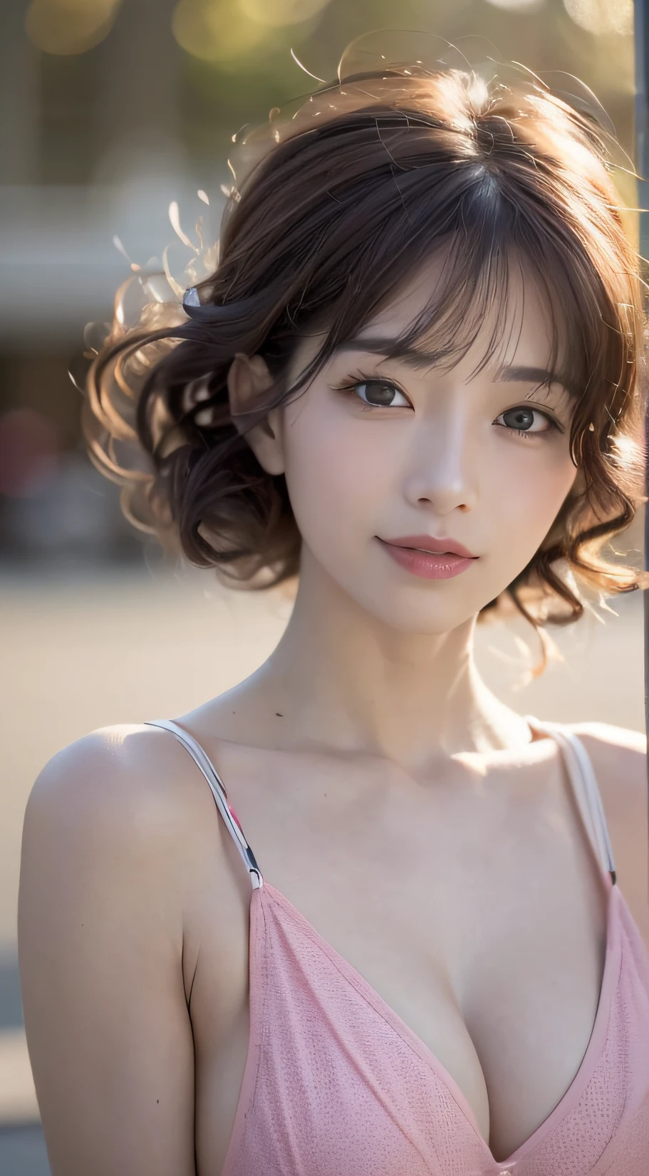 (8K, Raw photo, Photorealistic:1.25) ,( Lip gloss,Glossy finish, Glossy skin, Best Quality, 超A high resolution, chromatic abberation, Caustics, Wide light, Natural Shadow) look with serenity and goddess-like bliss to the spectators,(depth of fields:1.6), (colorful unfocused lights on background:1.2) ,very natural make-up,Shot on a cloudy day . Slender eyes.Downcast eyes. The distant look in her eyes,55 years old.Wearing a gorgeous summer dress、(The upper part of the body)(short  curly hair)