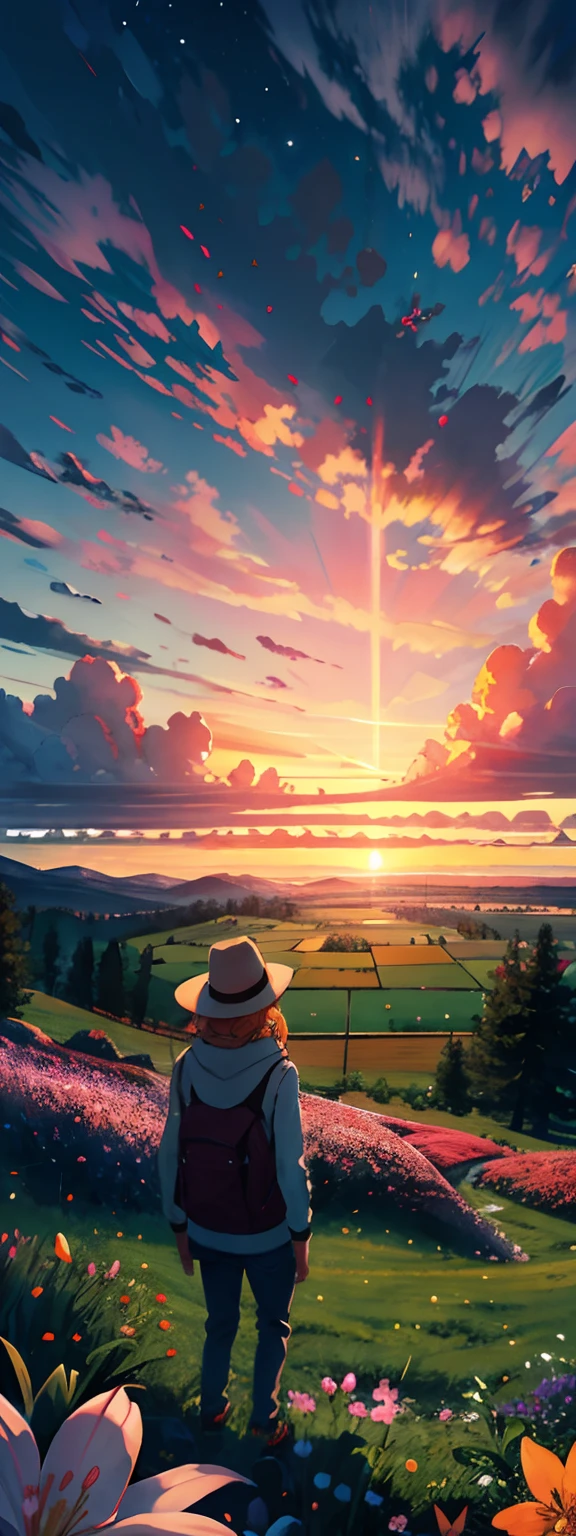 Expansive landscape photograph,(look from down,Above is the sky,Below are open fields),A girl standing on a flower field looking up,(moon full:1.2),(meteors:0.9),(Starcloud:1.3),Far Mountain, Tree BREAK making art,(Warm light source:1.2),(glowworm:1.2),lamp lights,Lots of purple and orange,Complicated details,Volumetric lighting BREAK(tmasterpiece:1.2),(best qualtiy),4k,ultra - detailed,(dynamic compositions:1.4),detail-rich,plethora of colors,(Irridescent color:1.2),(with light glowing,Atmospheric lighting),dream magical,magical,(独奏:1.2)Warm sunrise,The first rays of morning light,soft sun light,Orange-red sky,sun rising,Morning color,Pink and orange,Clouds,Gentle morning light,Nature awakens,the trees,blossoms,grassy fields,Birds sing,peacful,Sunlight touches,Warm and gentle feeling,The joy of melting and comfort,A gift of warmth,strength,wanting,a new day