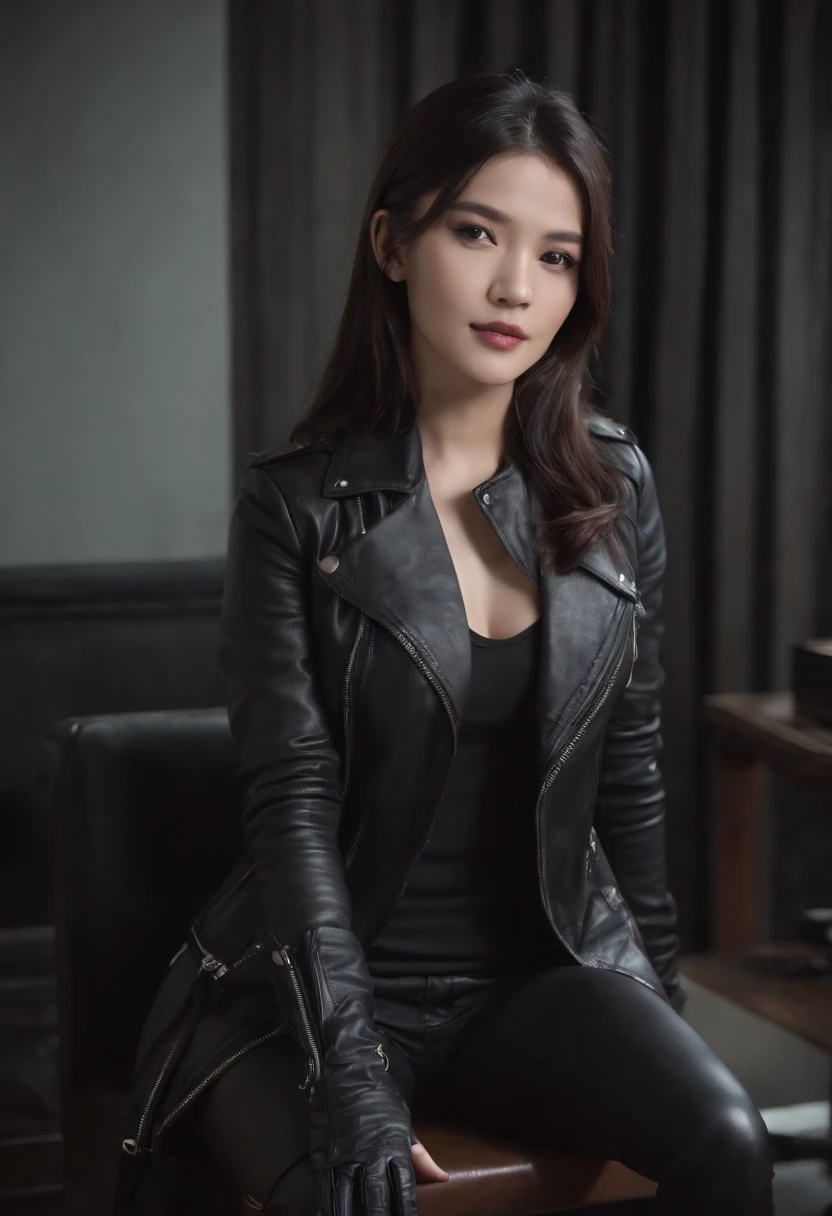 Wearing black leather gloves in both hands Upper body Black leather riders jacket Black leather skinny pants Black leather long boots Necklace on the chest With an innocent smile at the desk in the modern study in the dark, long straight black hair Young Japanese woman (black leather gloves cover both hands) Sitting on a leather chair with black leather gloves fingers, working on the computer, staring at the screen