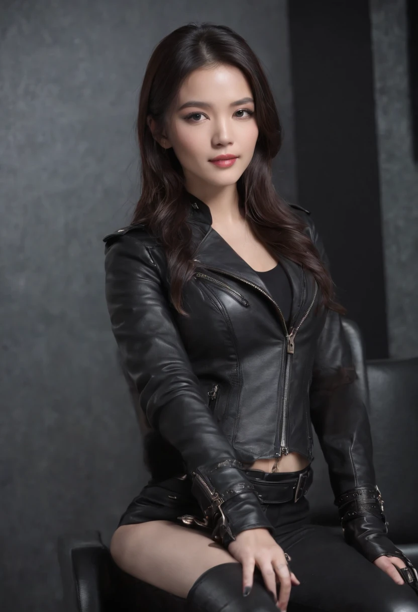 Wearing black leather gloves in both hands Upper body Black leather riders jacket Black leather skinny pants Black leather long boots Necklace on the chest With an innocent smile at the desk in the modern study in the dark, long straight black hair Young Japanese woman (black leather gloves cover both hands) Sitting on a leather chair with black leather gloves fingers, working on the computer, staring at the screen