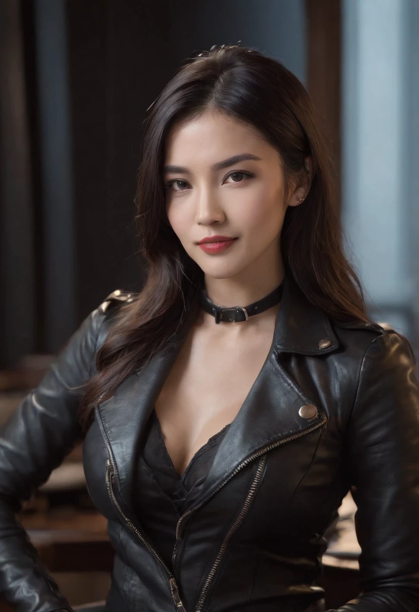 Wearing black leather gloves in both hands Upper body Black leather riders jacket Black leather skinny pants Black leather long boots Necklace on the chest With an innocent smile at the desk in the modern study in the dark, long straight black hair Young Japanese woman (black leather gloves cover both hands) Sitting on a leather chair with black leather gloves fingers, working on the computer, staring at the screen