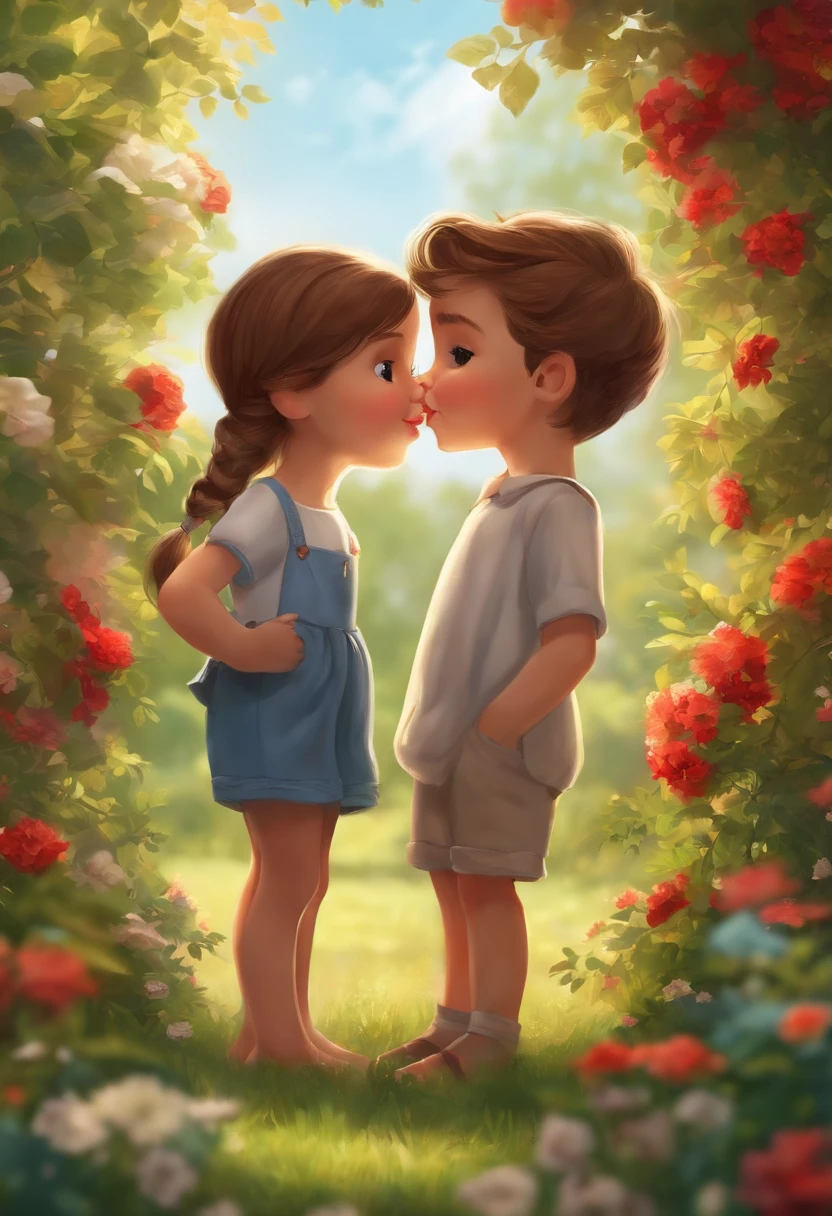 A boy kissing a girl on her forehead. And girl looks at his eyes,they are standing in beautiful garden and the weather is nice and pleasant day