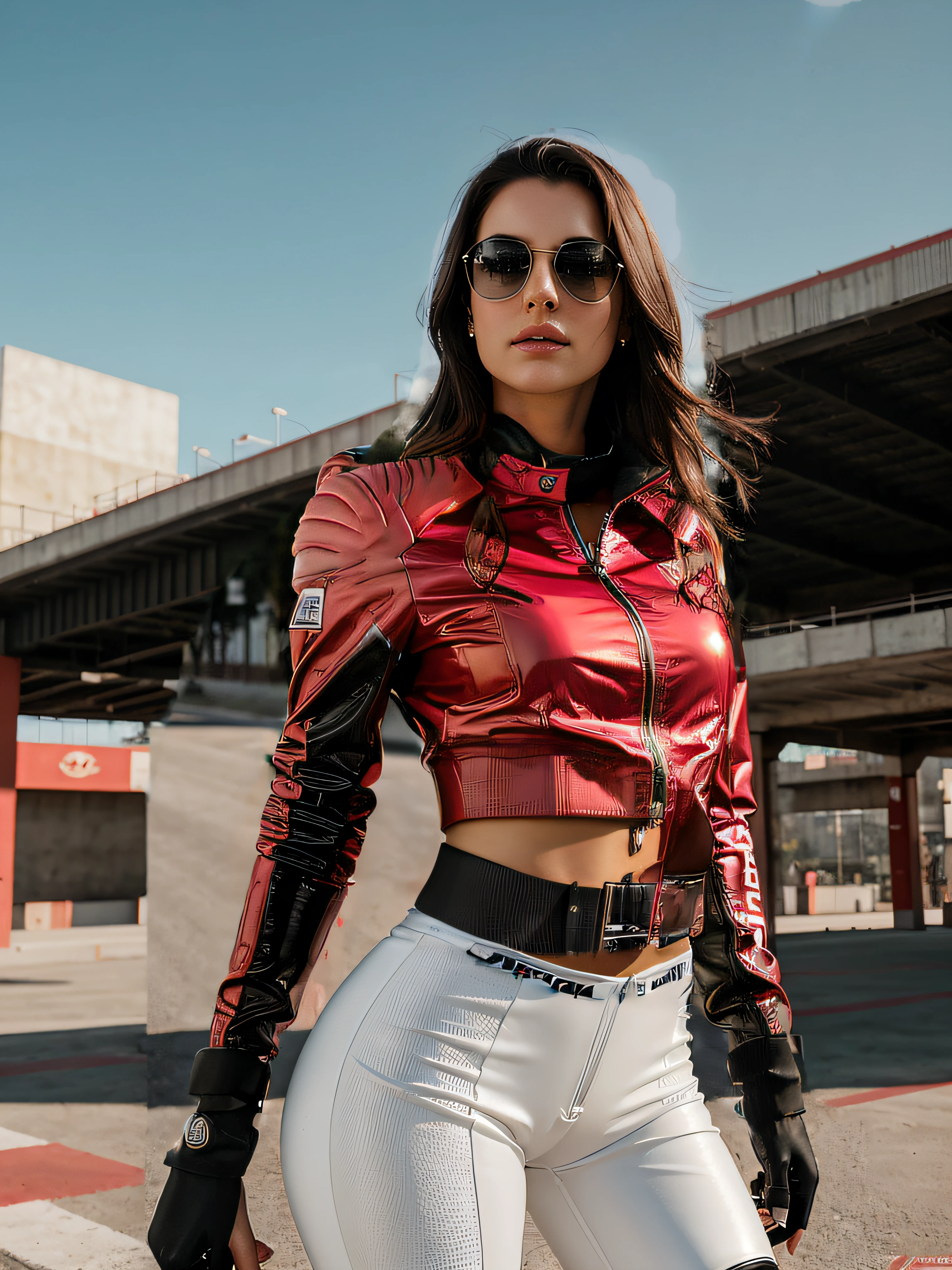 (La mejor calidad,realista:1),sexy, chaqueta color rojo, Ojos y labios detallados, Bold expression, refinado, Fondo futurista, Efecto humo, Strong lighting, Pintura ultrafina, profesional, erotic, foco nítido, vivid colors