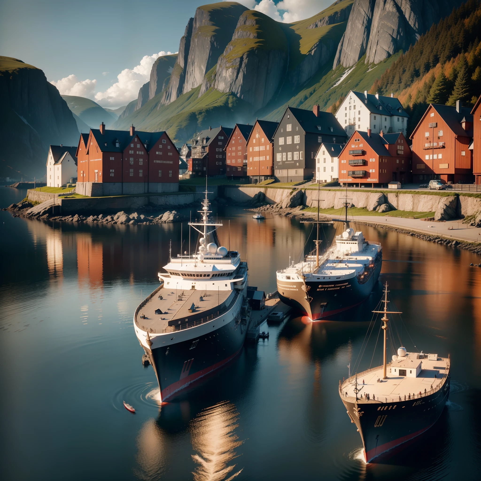 from movie still, (wide dynamic range), fine art, masterpiece, super detail, high quality, award winning, 8k, port of bergen, in Norway, (traditional nordic buildings, from outside), ship at anchor, cinematic light, on a sunny day, in summer, in the afternoon