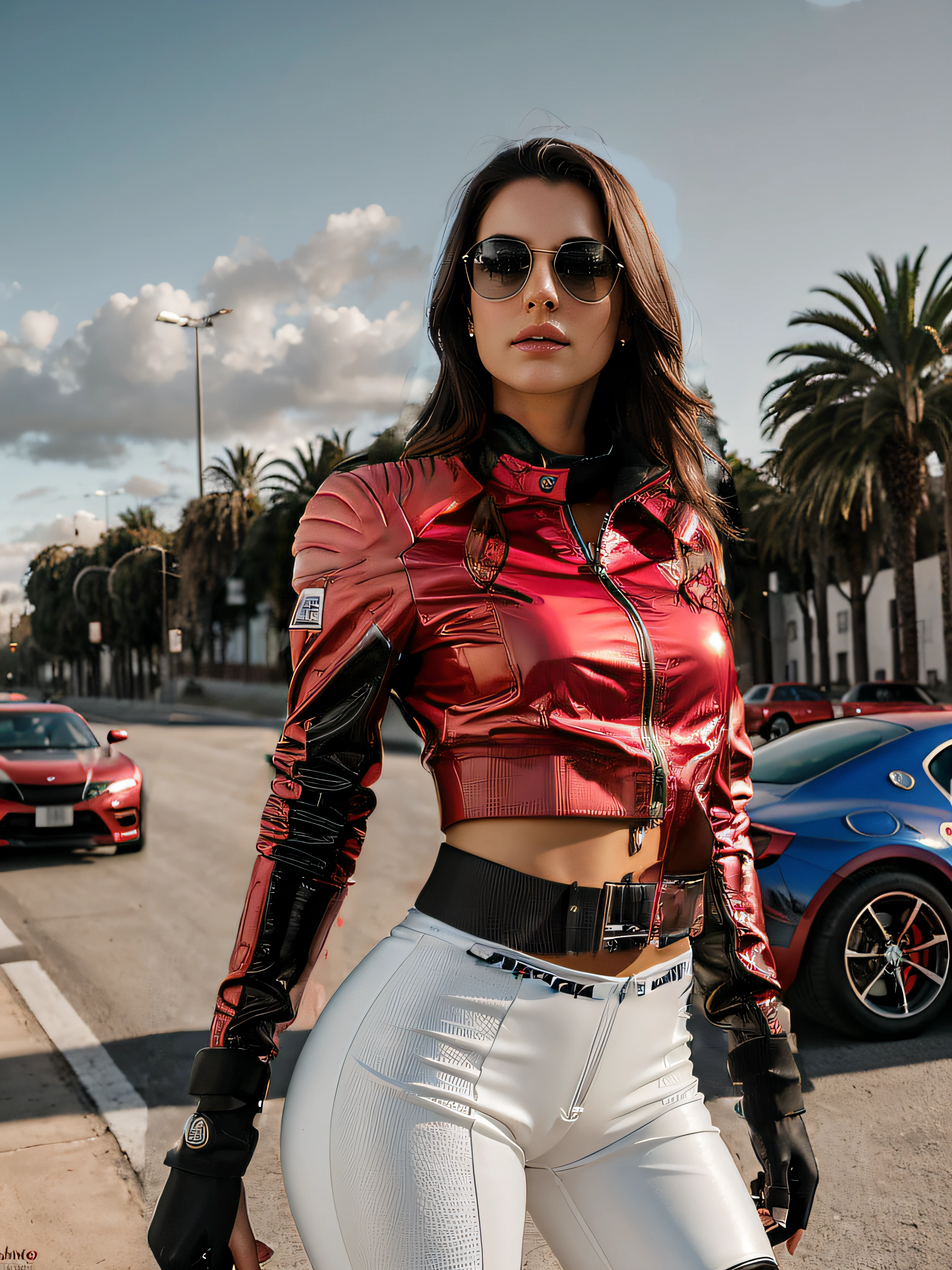 (La mejor calidad,realista:1),sexy, chaqueta color rojo, Ojos y labios detallados, Bold expression, refinado, Fondo futurista, Efecto humo, Strong lighting, Pintura ultrafina, profesional, erotic, foco nítido, vivid colors