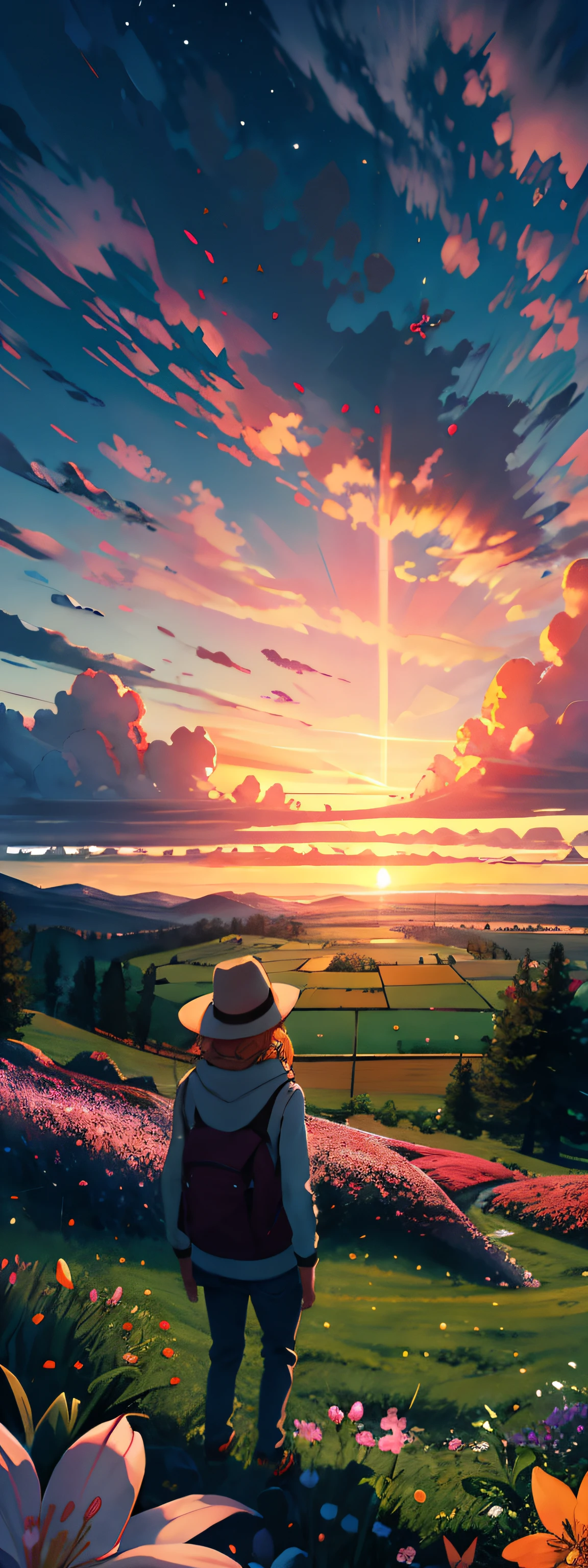 Expansive landscape photograph,(look from down,Above is the sky,Below are open fields),A girl standing on a flower field looking up,(moon full:1.2),(meteors:0.9),(Starcloud:1.3),Far Mountain, Tree BREAK making art,(Warm light source:1.2),(glowworm:1.2),lamp lights,Lots of purple and orange,Complicated details,Volumetric lighting BREAK(tmasterpiece:1.2),(best qualtiy),4k,ultra - detailed,(dynamic compositions:1.4),detail-rich,plethora of colors,(Irridescent color:1.2),(with light glowing,Atmospheric lighting),dream magical,magical,(独奏:1.2)Warm sunrise,The first rays of morning light,soft sun light,Orange-red sky,sun rising,Morning color,Pink and orange,Clouds,Gentle morning light,Nature awakens,the trees,blossoms,grassy fields,Birds sing,peacful,Sunlight touches,Warm and gentle feeling,The joy of melting and comfort,A gift of warmth,strength,wanting,a new day