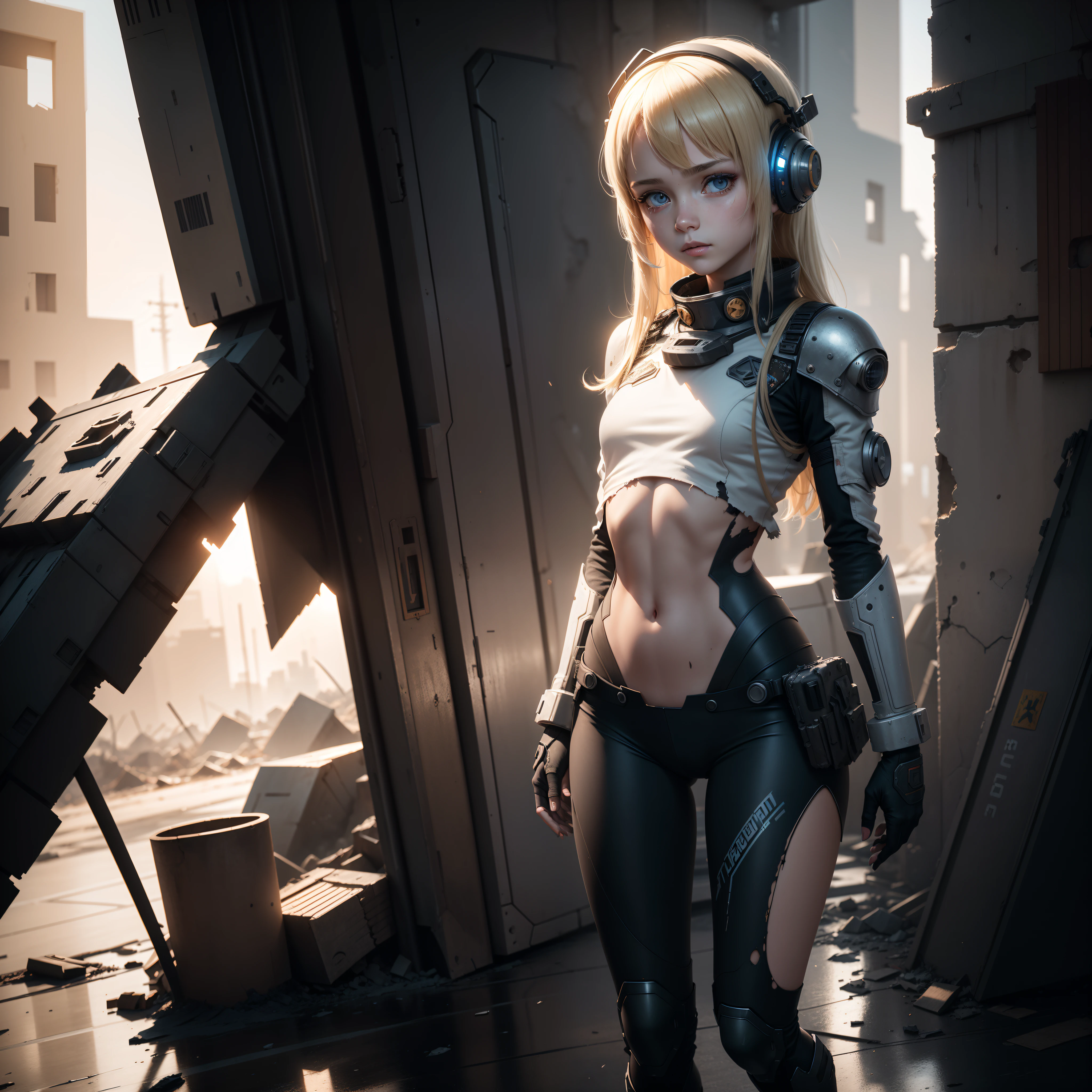 Destroyed towns,Half of the body is a robot,ukrainian girl , Ukrainian anime girls , , Ukraine ,  Full body composition of young girl with messy bright blonde hair, eye make up, 13 year old,  Soft lighting, Solo, Old torn dirty shabby futuristic military uniform, badges, Pose, Blotch color, Octane Render, Hyperrealistic intricate detail, Cinematic, 8K resolution, 70mm, Accent Lighting, Global Illumination, Full body portrait, clean detailed faces, intricate clothing, Cute face, flat chest, Slim waist, Slim legs, small hips,Pilot's clothing,Holding a fighter helmet in your hand,half of the body is destroyed、Body machinery is exposed,