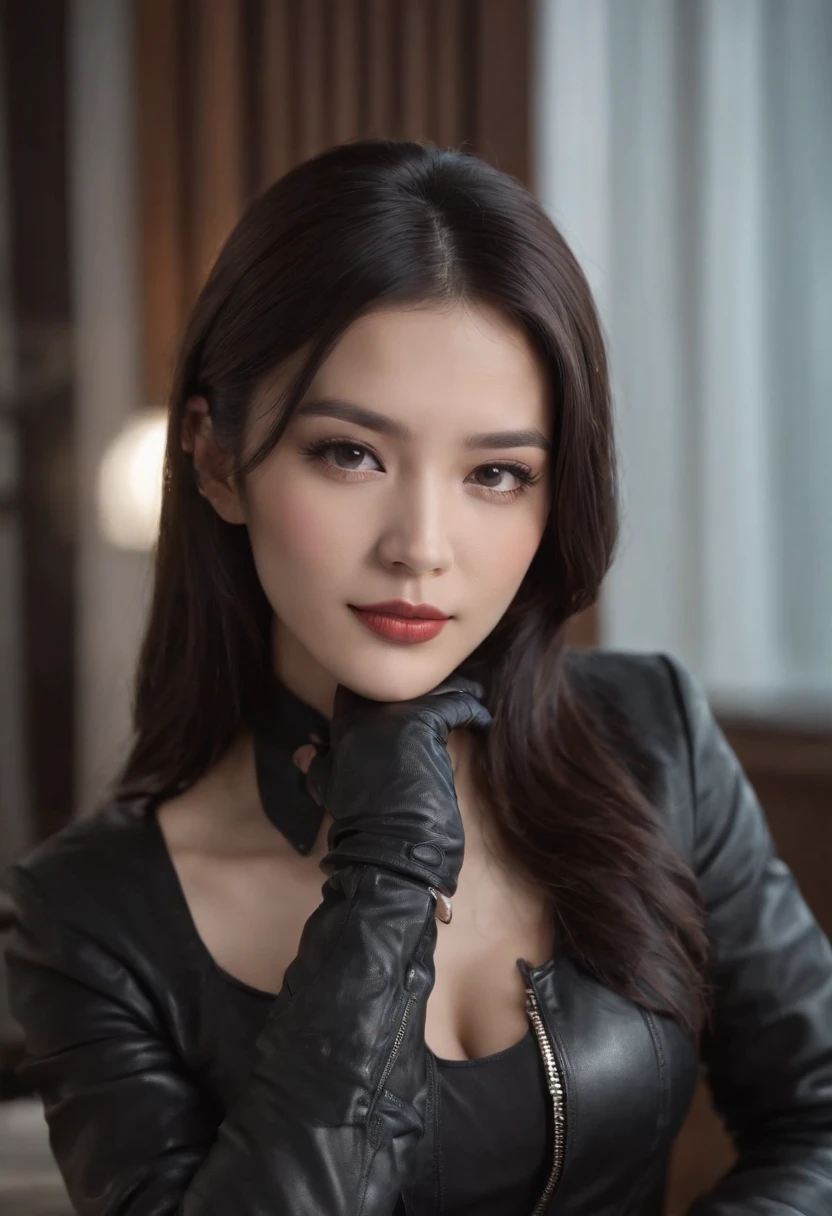 Wearing black leather gloves in both hands Upper body Black leather riders jacket Black leather skinny pants Black leather long boots Necklace on the chest With an innocent smile at the desk in the modern study in the dark, long straight black hair Young Japanese woman (black leather gloves cover both hands) Sitting on a leather chair with black leather gloves fingers, working on the computer, staring at the screen