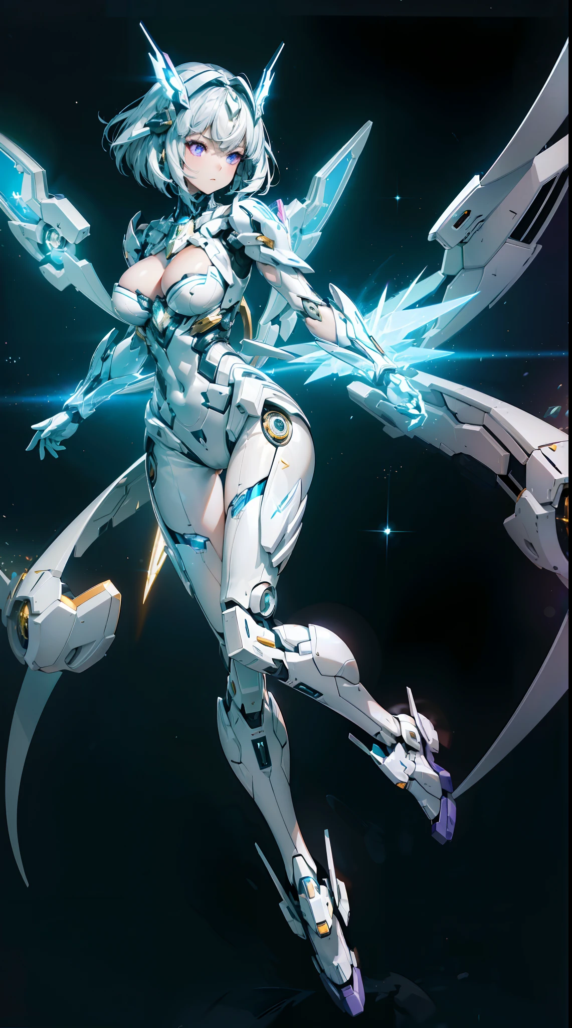 ((((masterpiece, best quality, high resolution)))), Extremely detailed 8K, Beautiful girl with slender body, (Ultra HD, Ultra-detailed, Highly detailed, Highly realistic, Ultra-realistic, photograph realistic), (1girl:1.5), realistic white hair, short wavy hair, bob cut, purple eyes, (large breasts: 1.2), cleavage, mecha musume, (white full body suit), glowing parts, light particles, light energy, mechanical wings, mechanical thrusters, mecha headgear, cyber effect, cyber space, (dynamic pose)