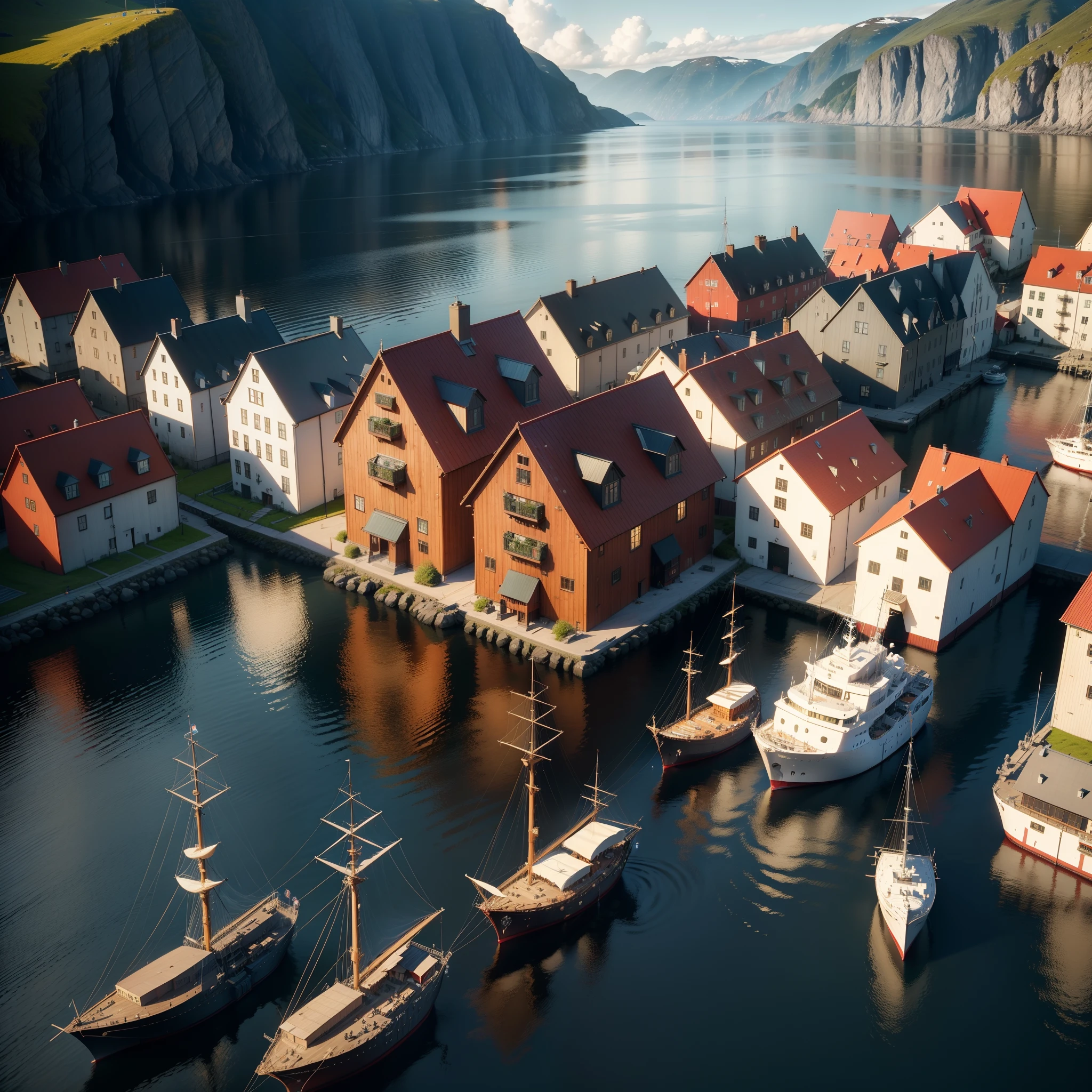 from movie still, (wide dynamic range), fine art, masterpiece, super detail, high quality, award winning, 8k, port of bergen, in Norway, (traditional nordic buildings, from outside), ship at anchor, cinematic light, on a sunny day, in summer, in the afternoon