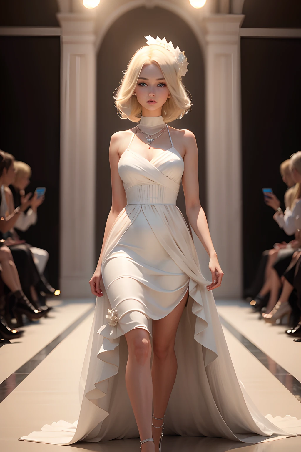 Long blonde girl on the catwalk,Wearing an off-white dress looks dazzling,With a necklace,3D style,European and American characters,Very tall,The white skirt is not monotonous,