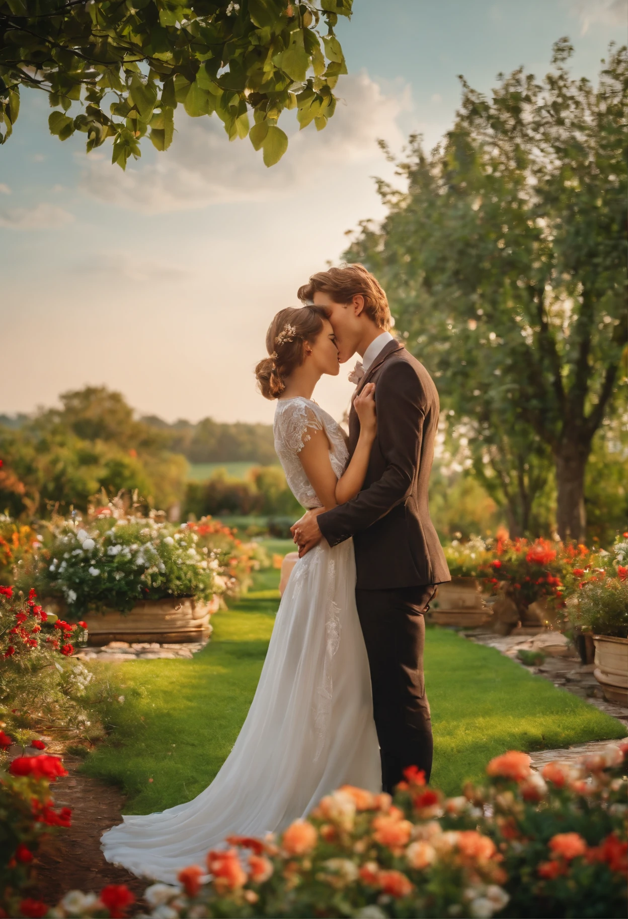 A boy kissing a girl on her forehead. And girl looks at his eyes,they are standing in beautiful garden and the weather is nice and pleasant day