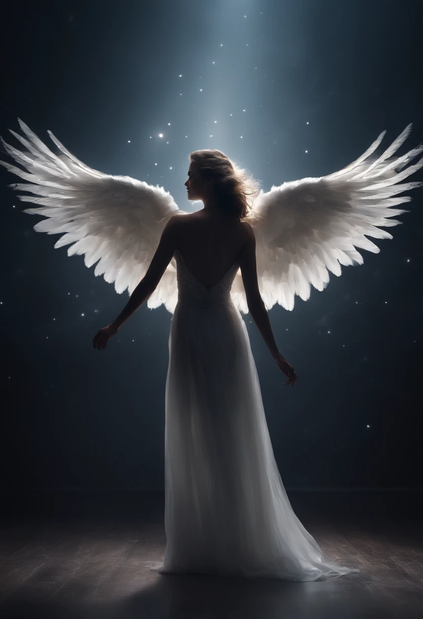 A woman in a white dress with wings standing in the dark - SeaArt AI