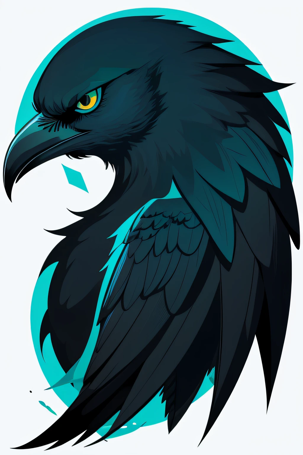 blue green color logo, minimalist vector art logo illustration of a death, front face, magic, sharp design, colorful monochrome, dark magic splash, t-shirt design, Studio Ghibli style, Design should be in vector art , exhibiting the Crow. Use Adobe Illustrator to create the logo with sharp lines and a simple yet captivating look. Keep the design focused on the Crow eyes, capturing its uniqueness and charm. The logo should evoke a sense of sophistication and calm. Emphasize a low-poly style to add a touch of uniqueness to the whiskers. The overall aesthetic should be sleek and stylish, making it suitable for branding and logo purposes, white background.