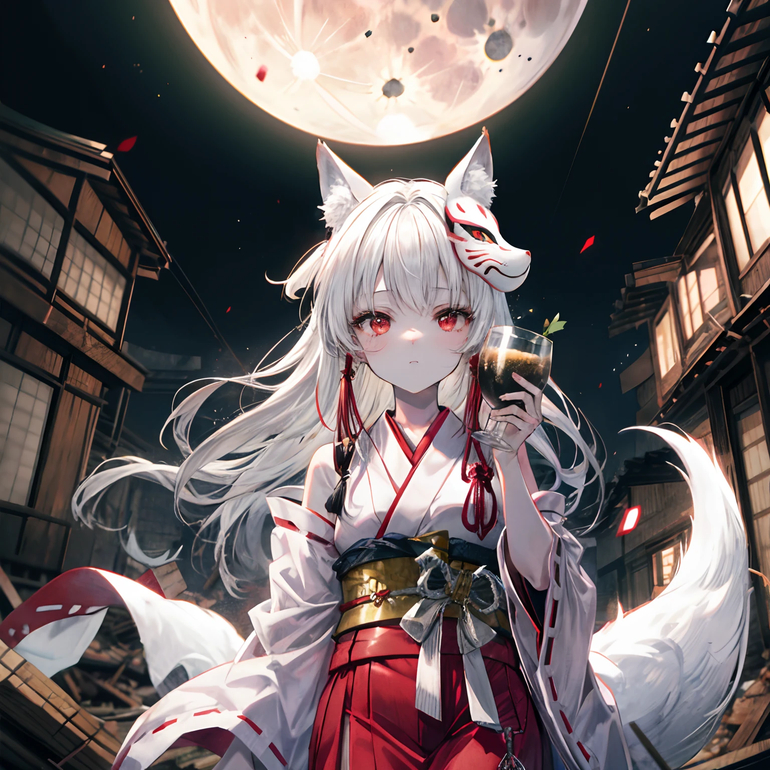A white-haired girl wearing a fox mask drinks sake in an izakaya among the rubble.,red eyes,miko,moon,shiny skin,indian style