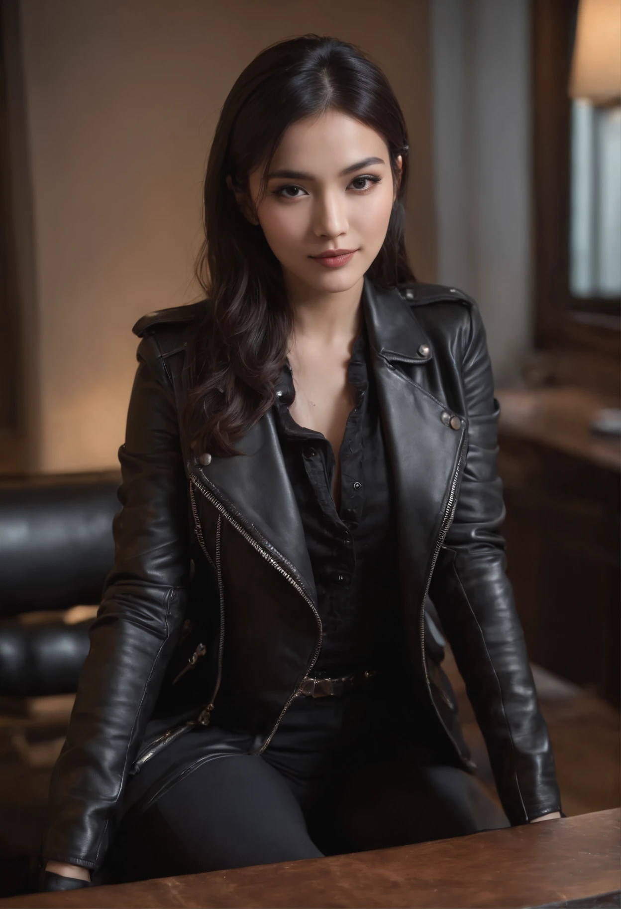 Wearing black leather gloves in both hands Upper body Black leather riders jacket Black leather skinny pants Black leather long boots Necklace on the chest With an innocent smile at the desk in the modern study in the dark, long straight black hair Young Japanese woman (black leather gloves cover both hands) Sitting on a leather chair with black leather gloves fingers, working on the computer, staring at the screen
