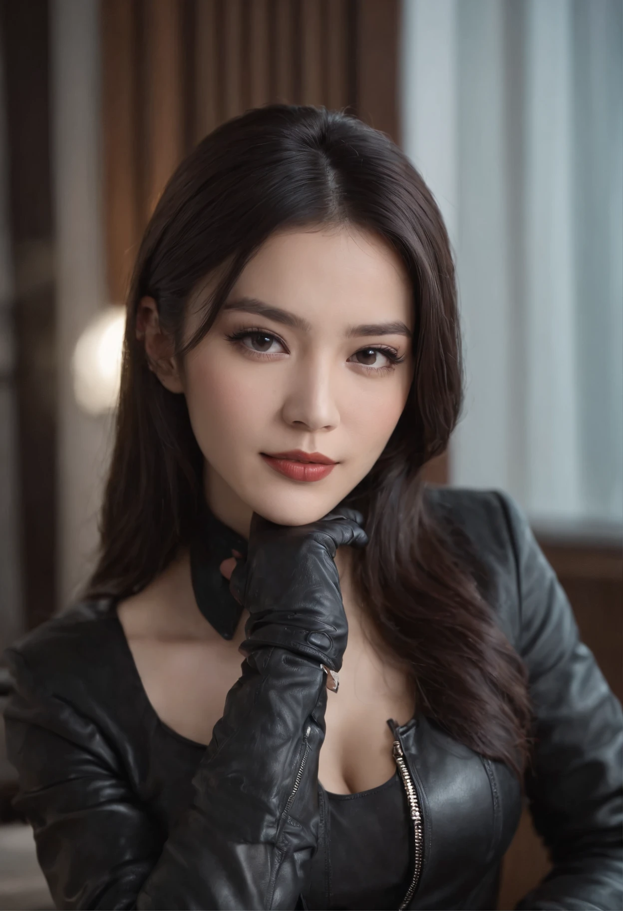 Upper body covered with black leather gloves up to the fingertips in both hands, black leather double riders jacket, slender necklace, young and cute Japanese girl with beautiful black hair, sitting on a black leather chair facing the desk in the president's room at night, sitting on a cheek stick