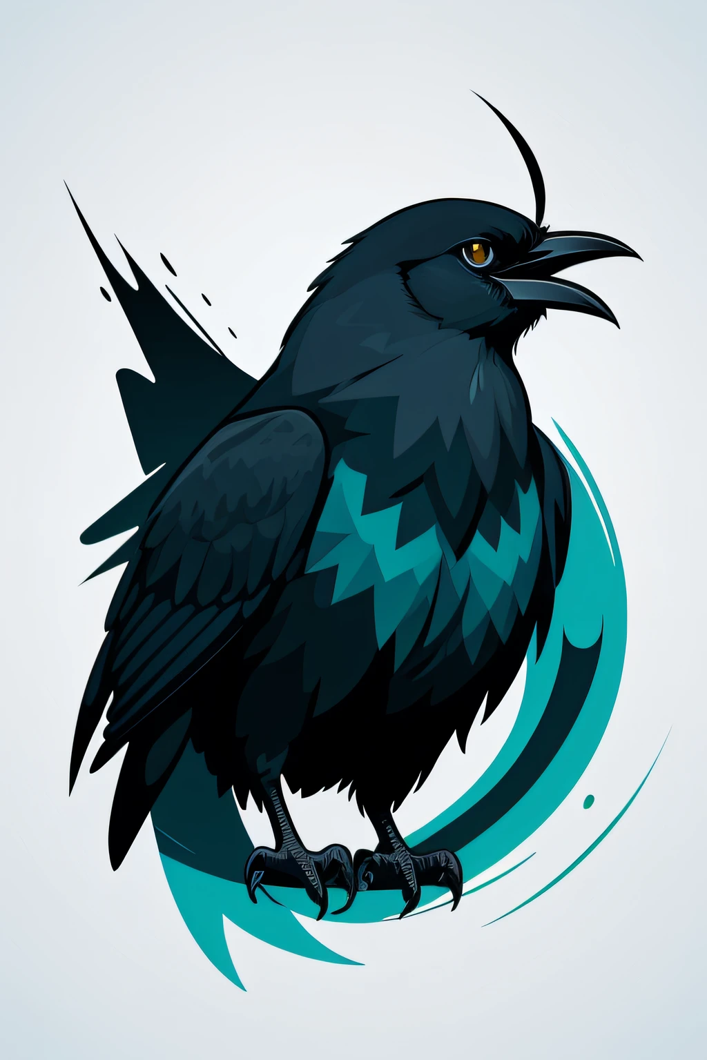 blue green color logo, minimalist vector art logo illustration of a death, front face, magic, sharp design, colorful monochrome, dark magic splash, t-shirt design, Studio Ghibli style, Design should be in vector art , exhibiting the Crow. Use Adobe Illustrator to create the logo with sharp lines and a simple yet captivating look. Keep the design focused on the Crow eyes, capturing its uniqueness and charm. The logo should evoke a sense of sophistication and calm. Emphasize a low-poly style to add a touch of uniqueness to the whiskers. The overall aesthetic should be sleek and stylish, making it suitable for branding and logo purposes, white background.