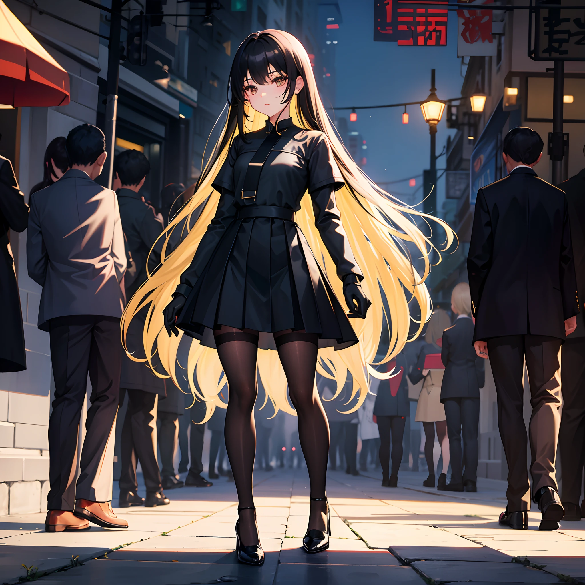 Standing full body portrait,-yeld giE cup,Long straight black hair,Black colored eyes,Green Chinese school uniform,Black silk gloves,Black silk pantyhose,Black silk tights,black sneaker shoes,Streets at night