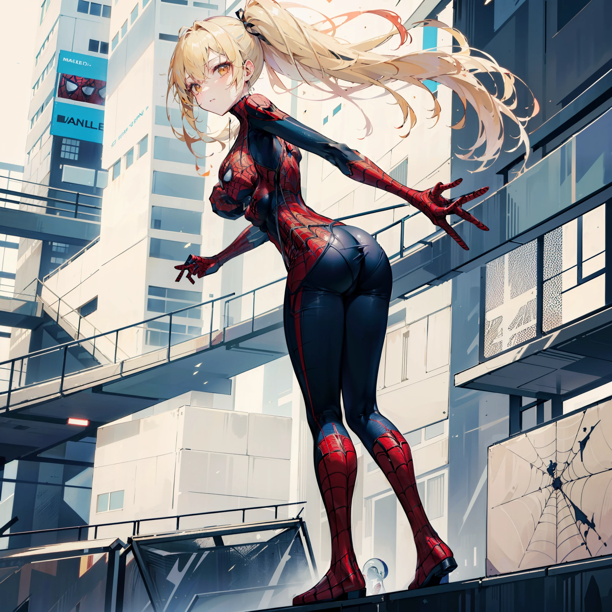 Master pieces,8k wallpaper,best quality,(1girl:1.3),solo,full body,Long flaxen yellow hair,with brown eye,youth,(SpidermanClasic female:1.3),(large breasts),Slim waist,Round and broad ass,catwalk,Stand on the roof of the building,NewYork,